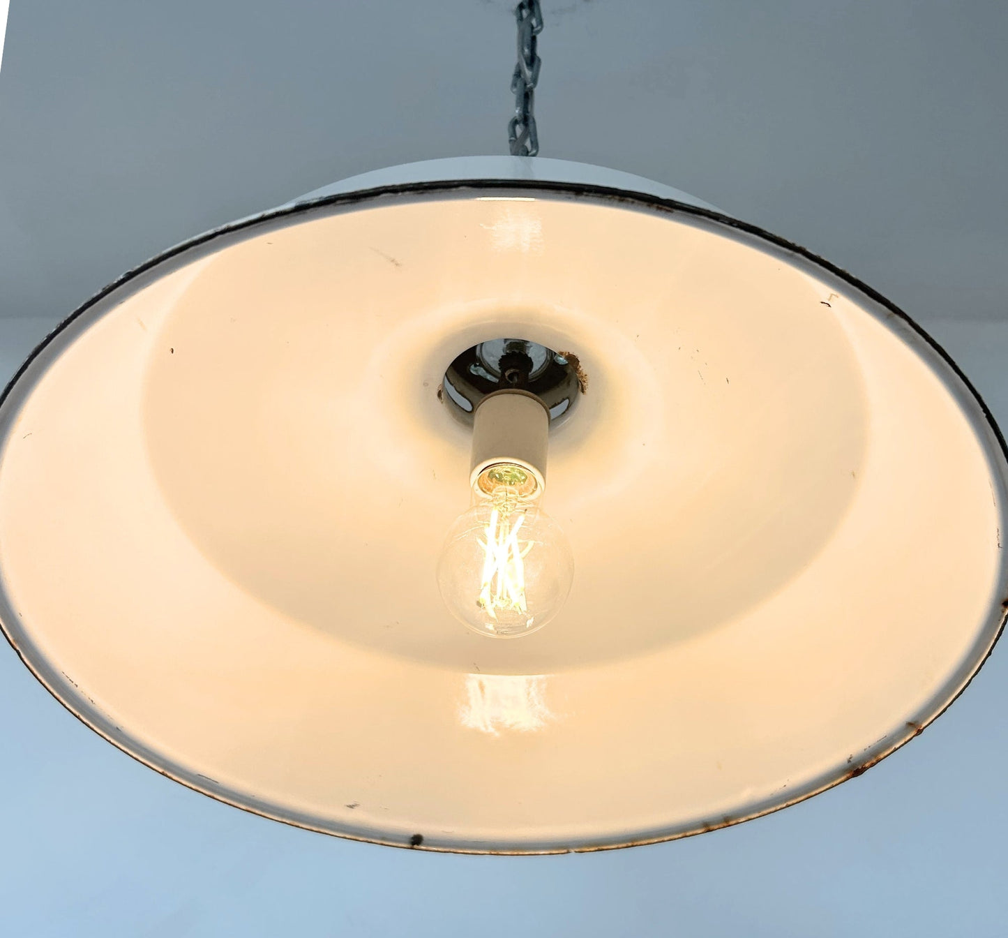 Antique White Enamel Pendant Light with Glass Insulator