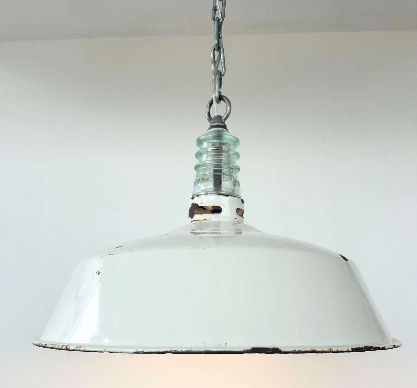 Antique White Enamel Pendant Light with Glass Insulator