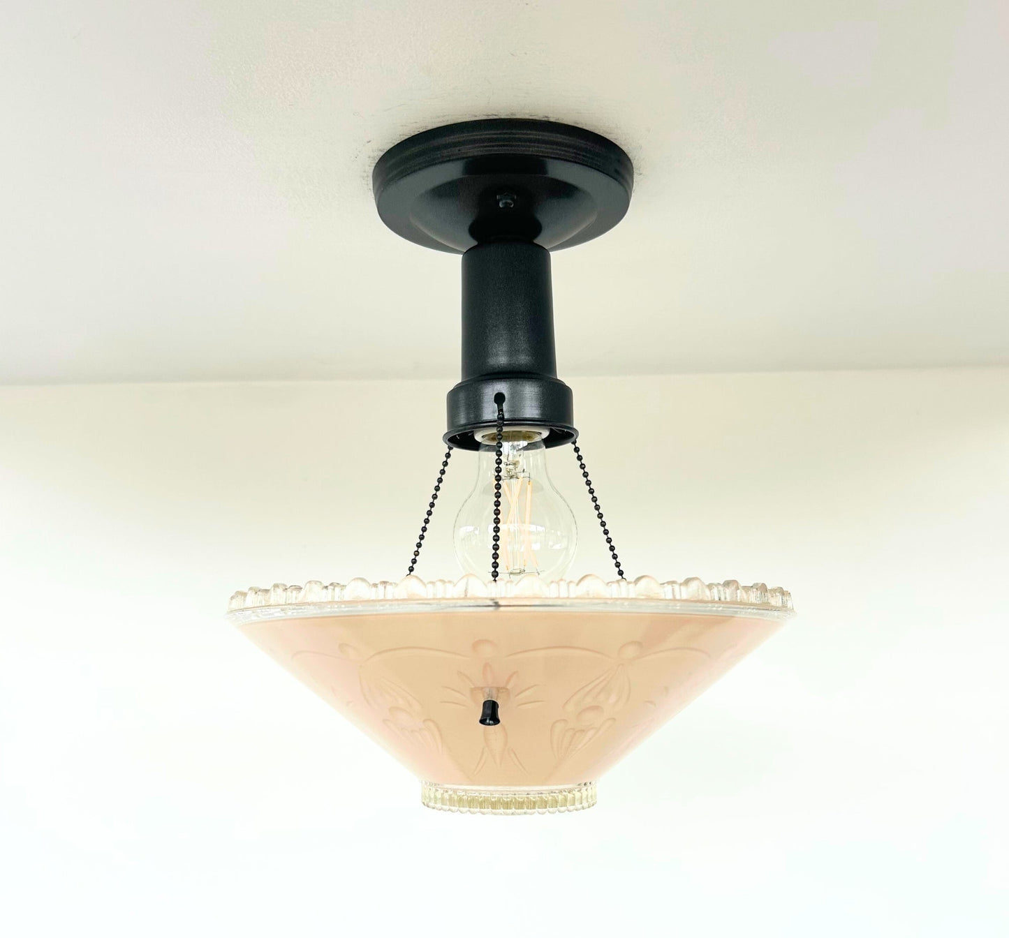 1930’s Peach Frosted Art Deco Suspended Chandelier Ceiling Light