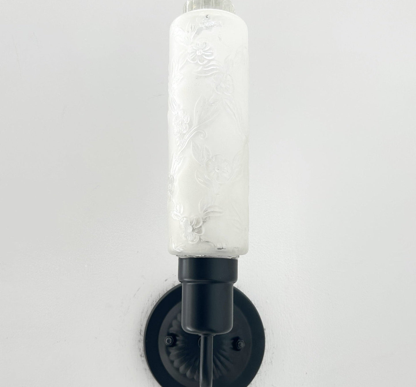 Delicate Narrow Frosted Floral Glass Wall Sconce