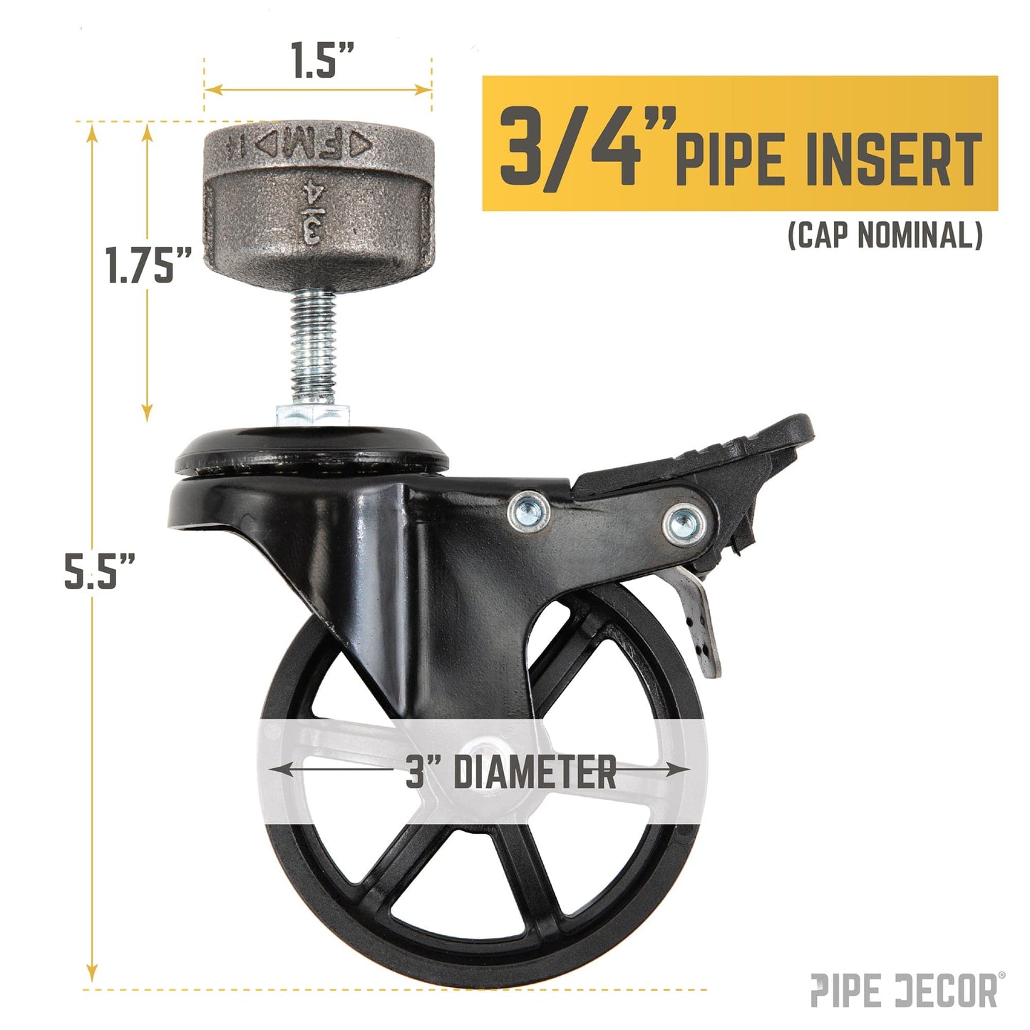 Swivel Caster Wheels for  ¾” Pipe with Locking Mechanism (4-Pack)