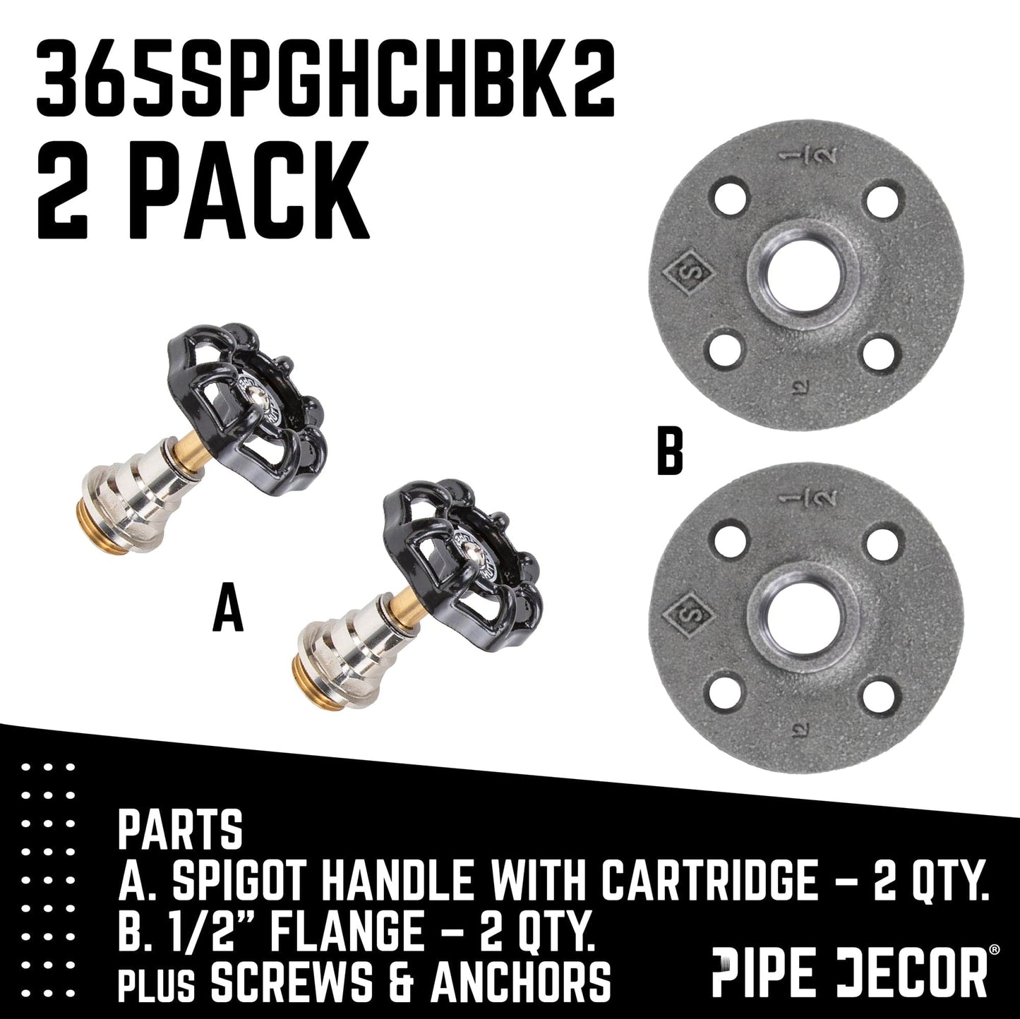 Black Industrial Spigot Wall Hook with Flange (2-Pack)