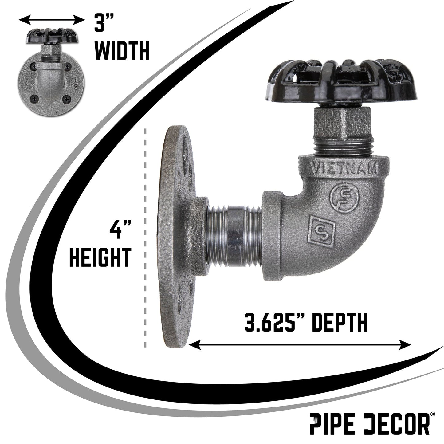 Black Industrial Curved Spigot Wall Hook with Flange (2-Pack)