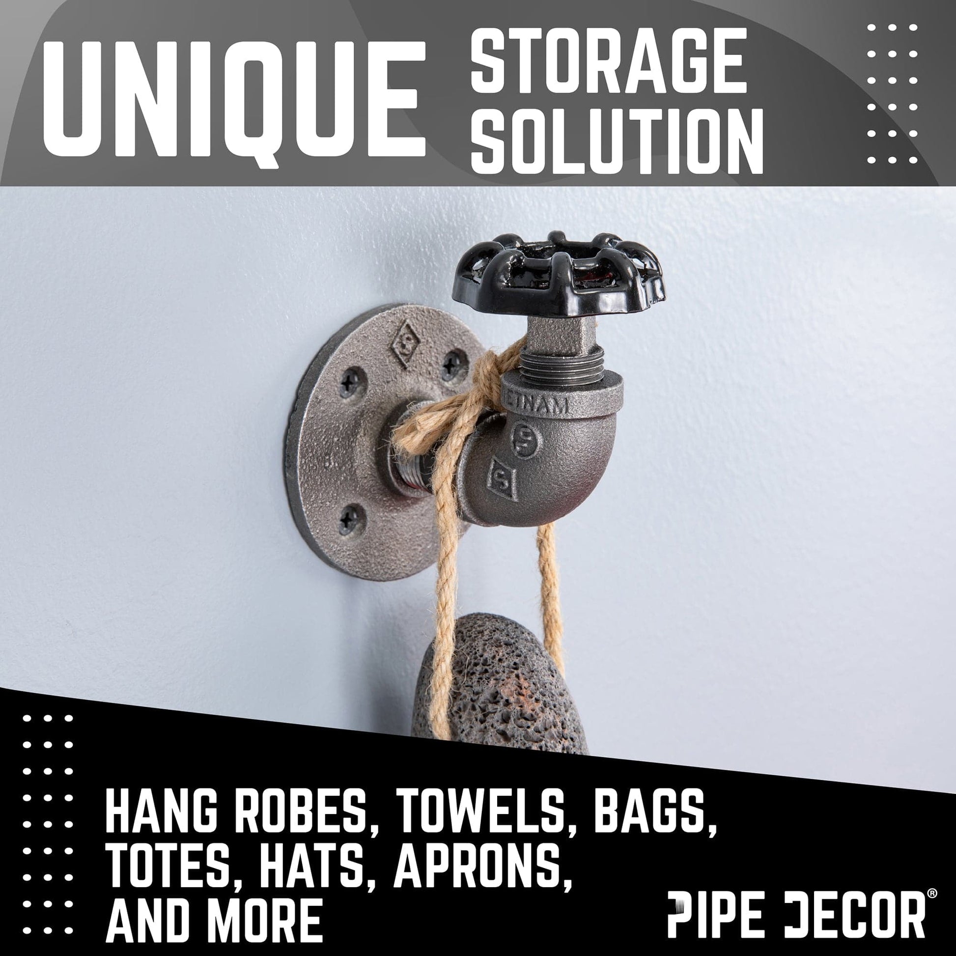 Black Industrial Curved Spigot Wall Hook with Flange (2-Pack)