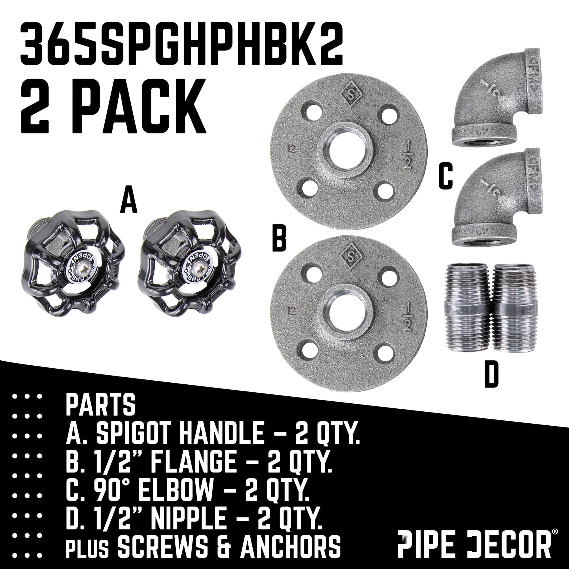 Black Industrial Curved Spigot Wall Hook with Flange (2-Pack)