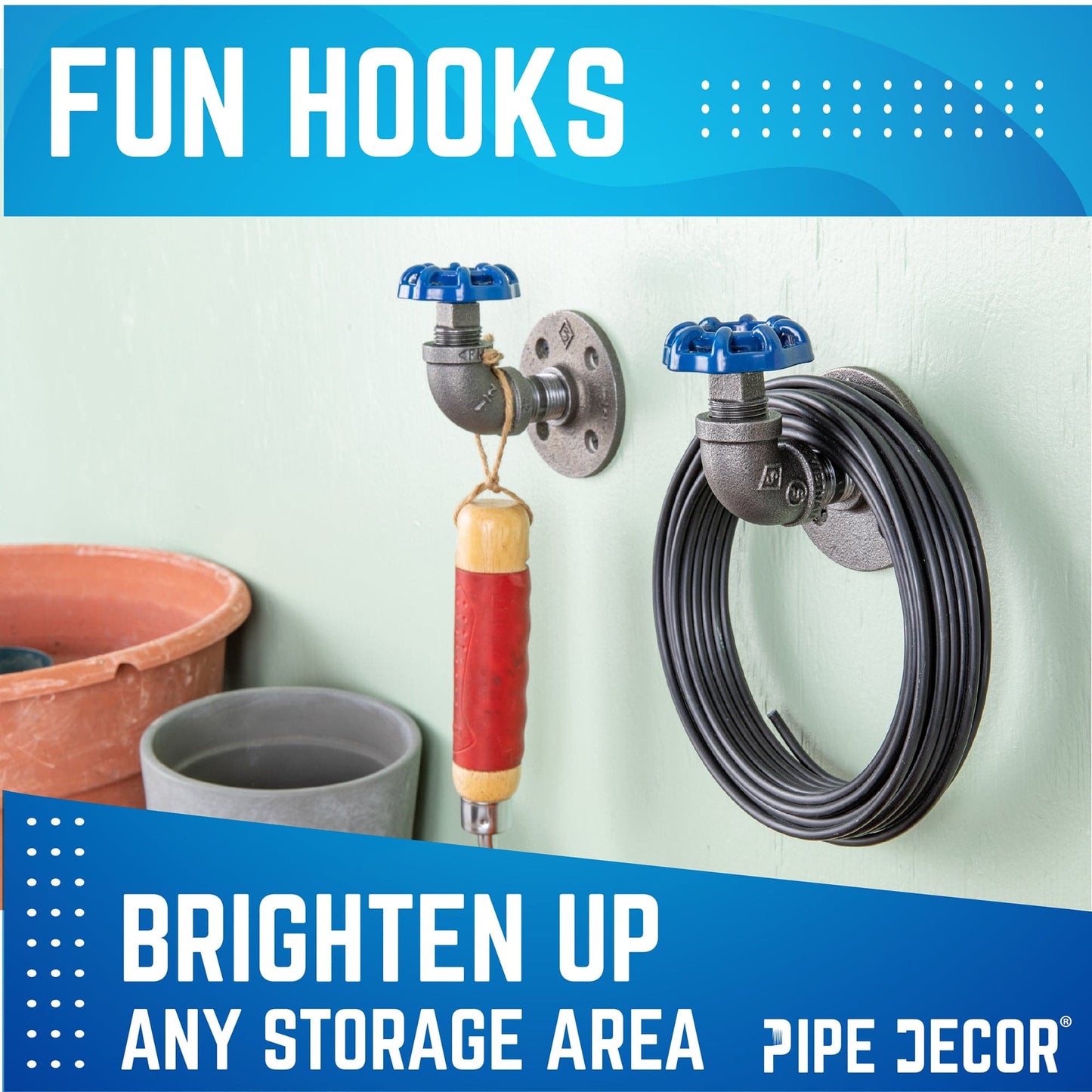 Blue Industrial Curved Spigot Wall Hook with Flange (2-Pack)