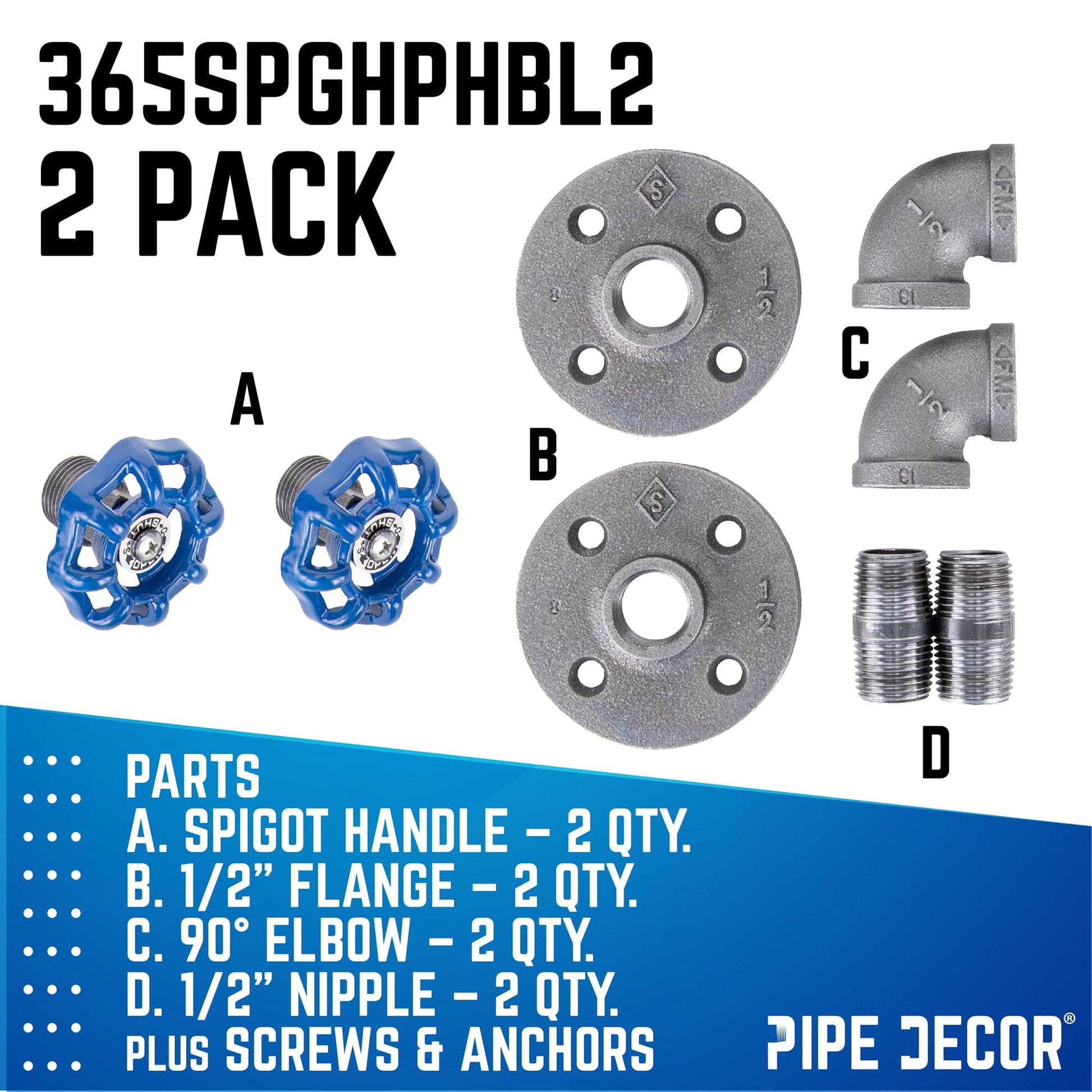 Blue Industrial Curved Spigot Wall Hook with Flange (2-Pack)