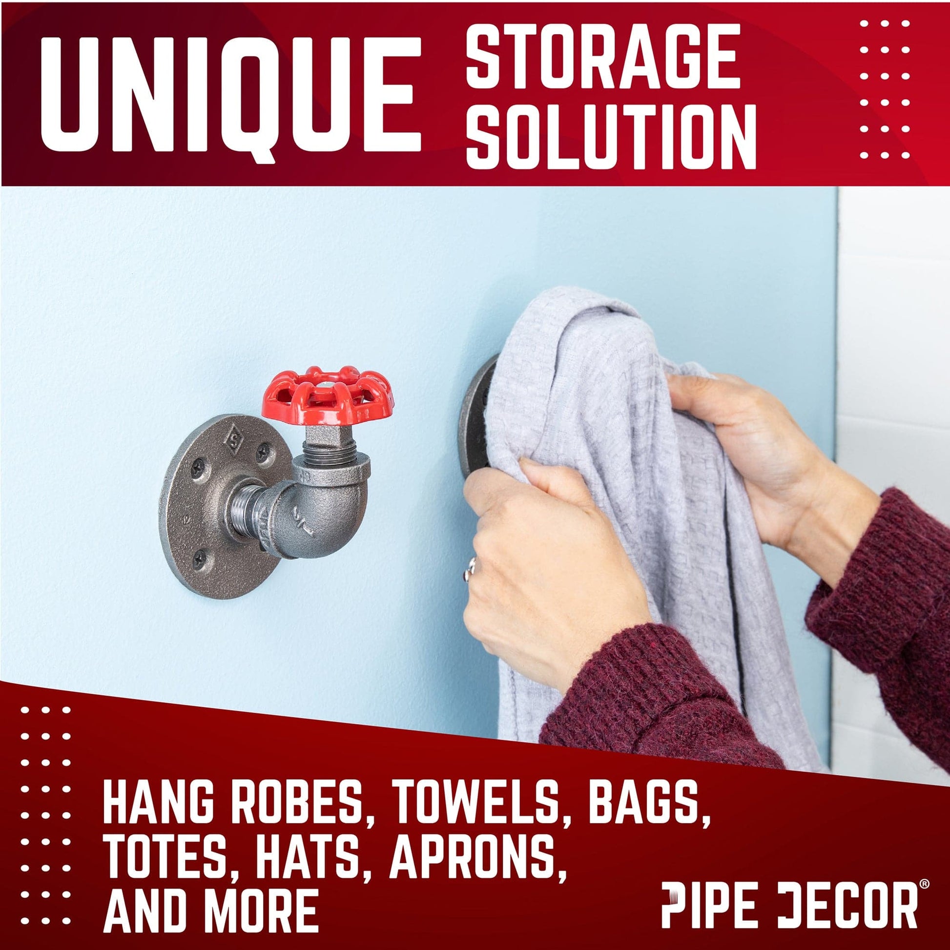 Red Industrial Curved Spigot Wall Hook with Flange (2-Pack)