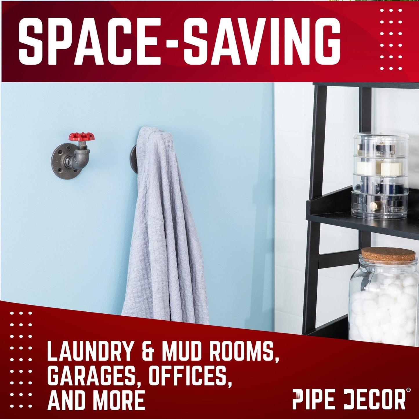 Red Industrial Curved Spigot Wall Hook with Flange (2-Pack)