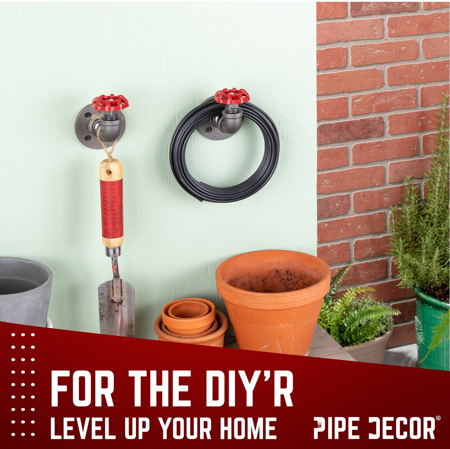 Red Industrial Curved Spigot Wall Hook with Flange (2-Pack)