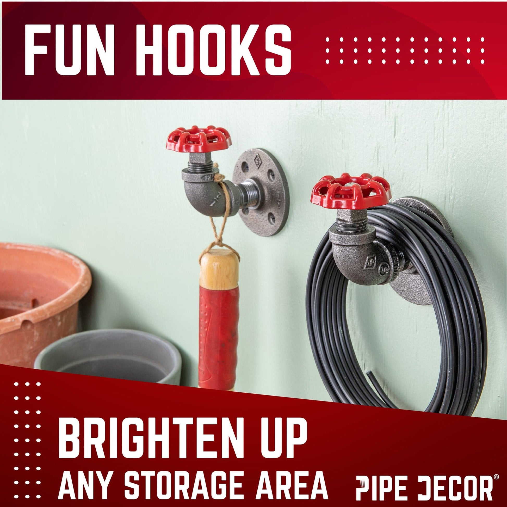 Red Industrial Curved Spigot Wall Hook with Flange (2-Pack)