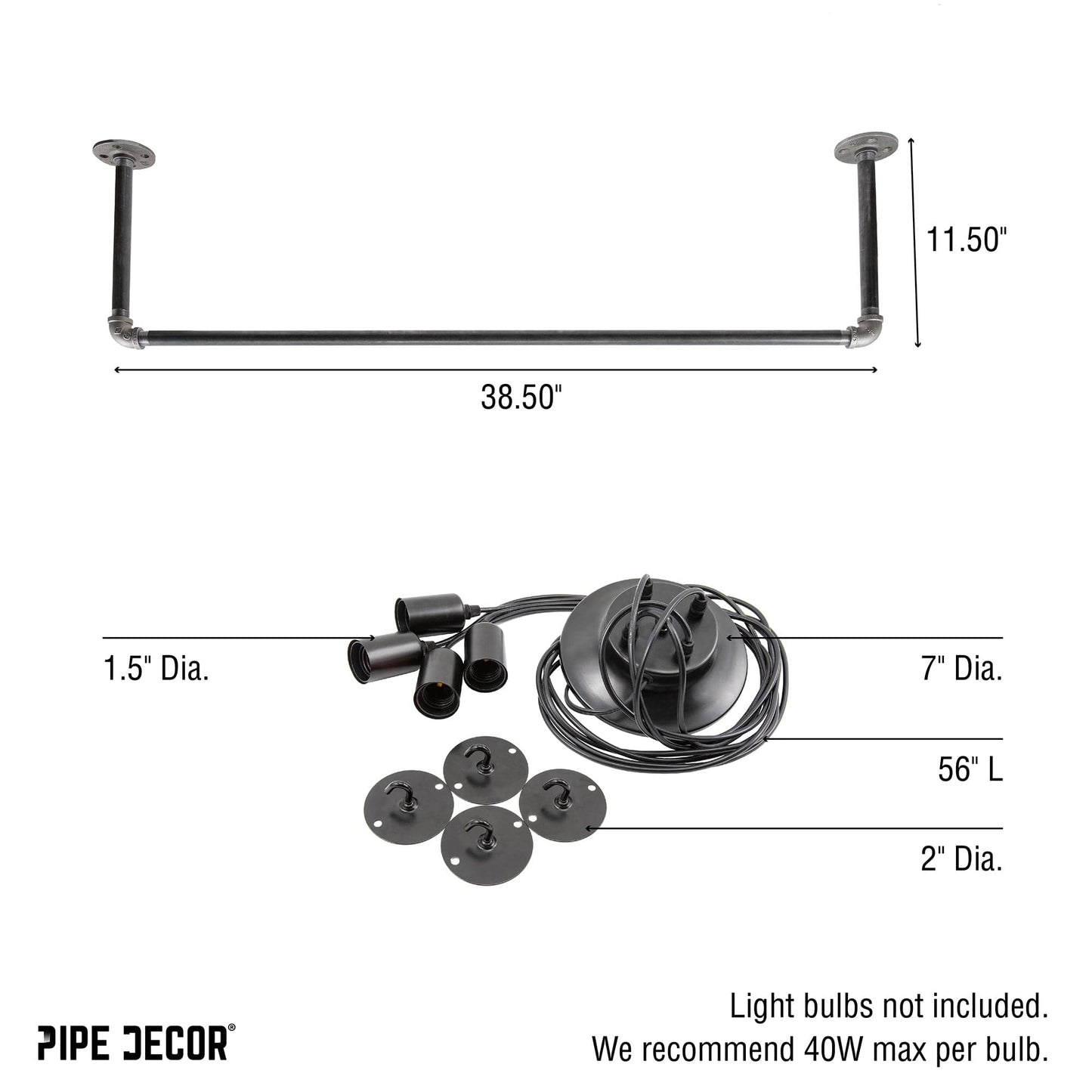Black Spider Pendant Light Kit with Pipe Bar Hanging Accessory and 4 Adjustable Arms