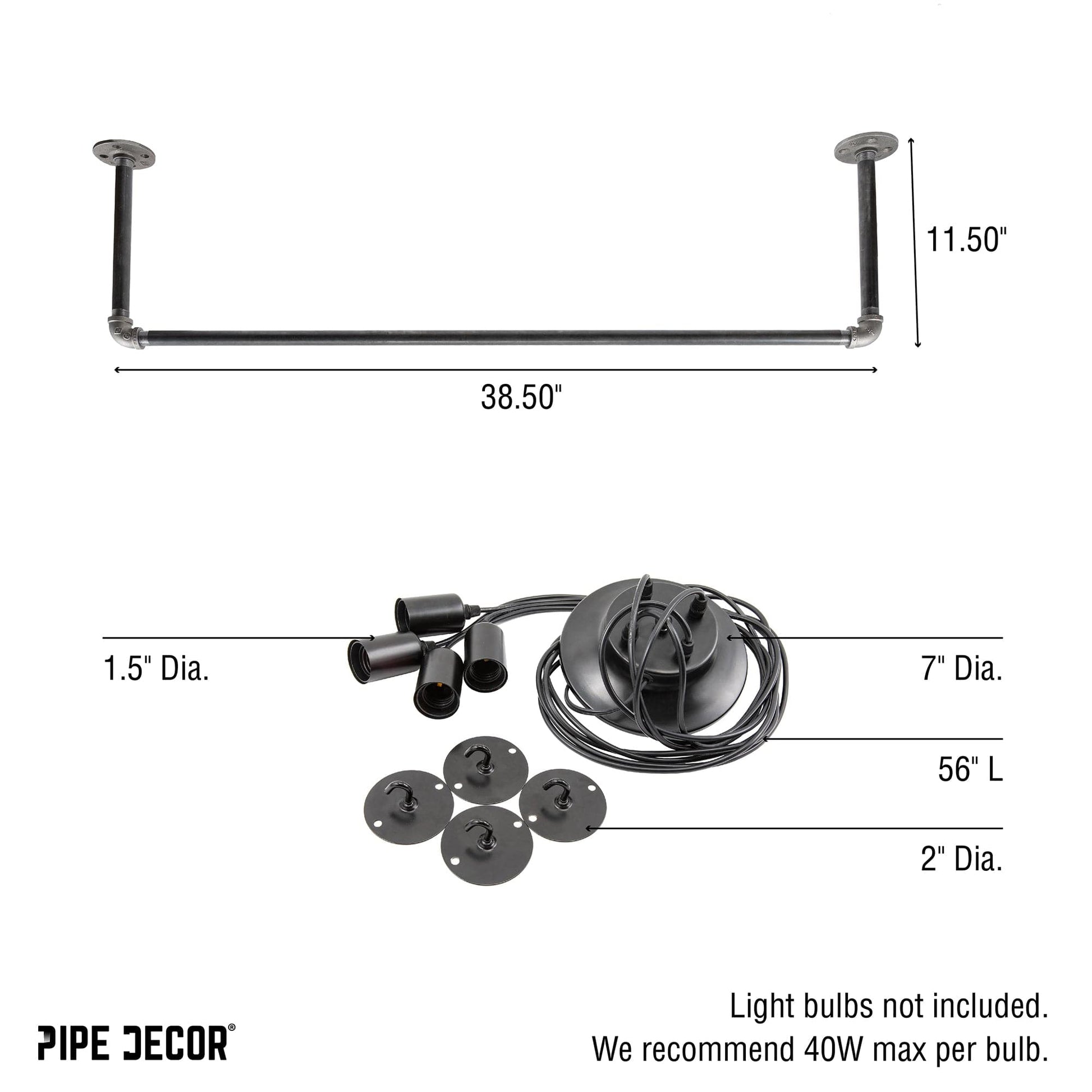 Black Spider Pendant Light Kit with Pipe Bar Hanging Accessory and 4 Adjustable Arms