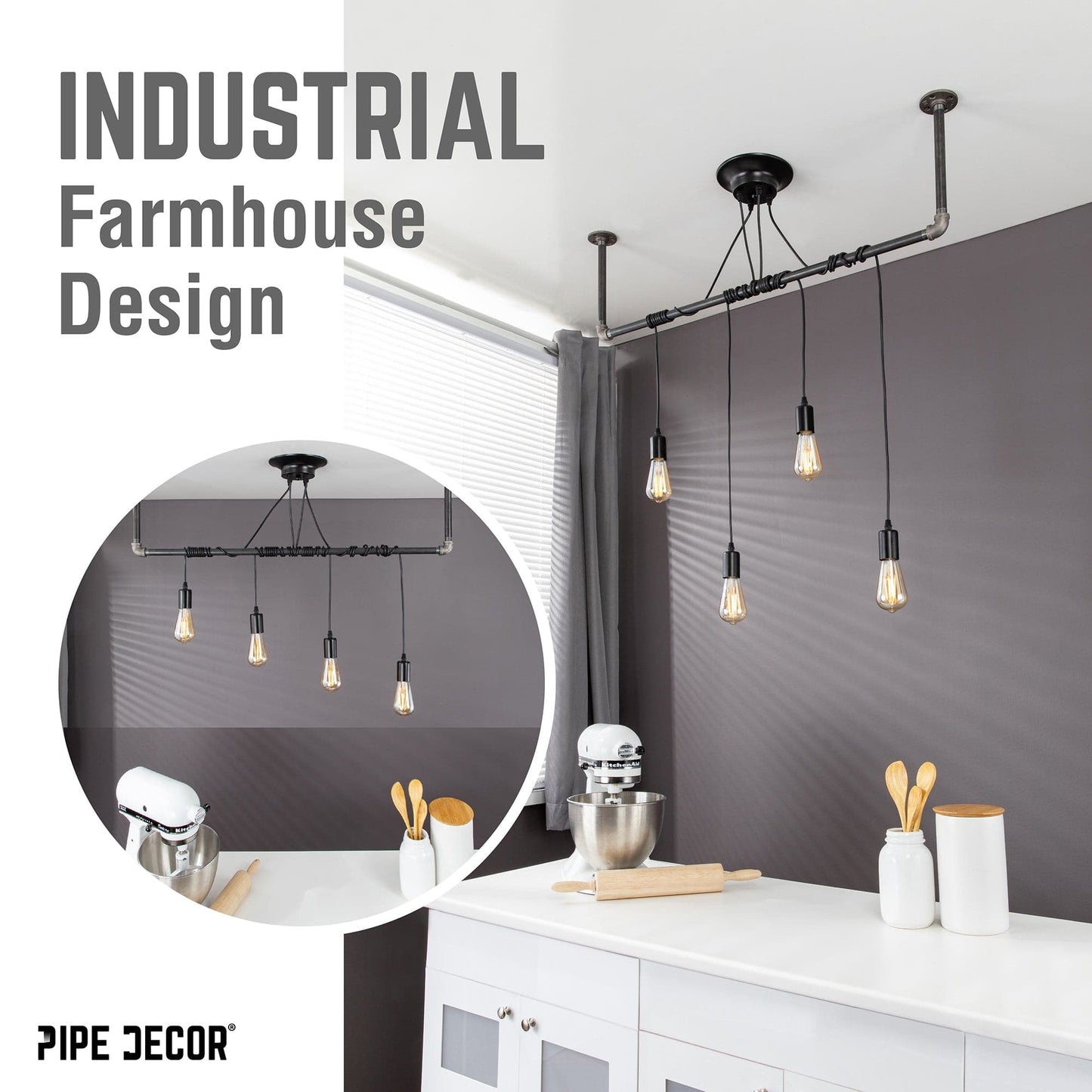 Black Spider Pendant Light Kit with Pipe Bar Hanging Accessory and 4 Adjustable Arms