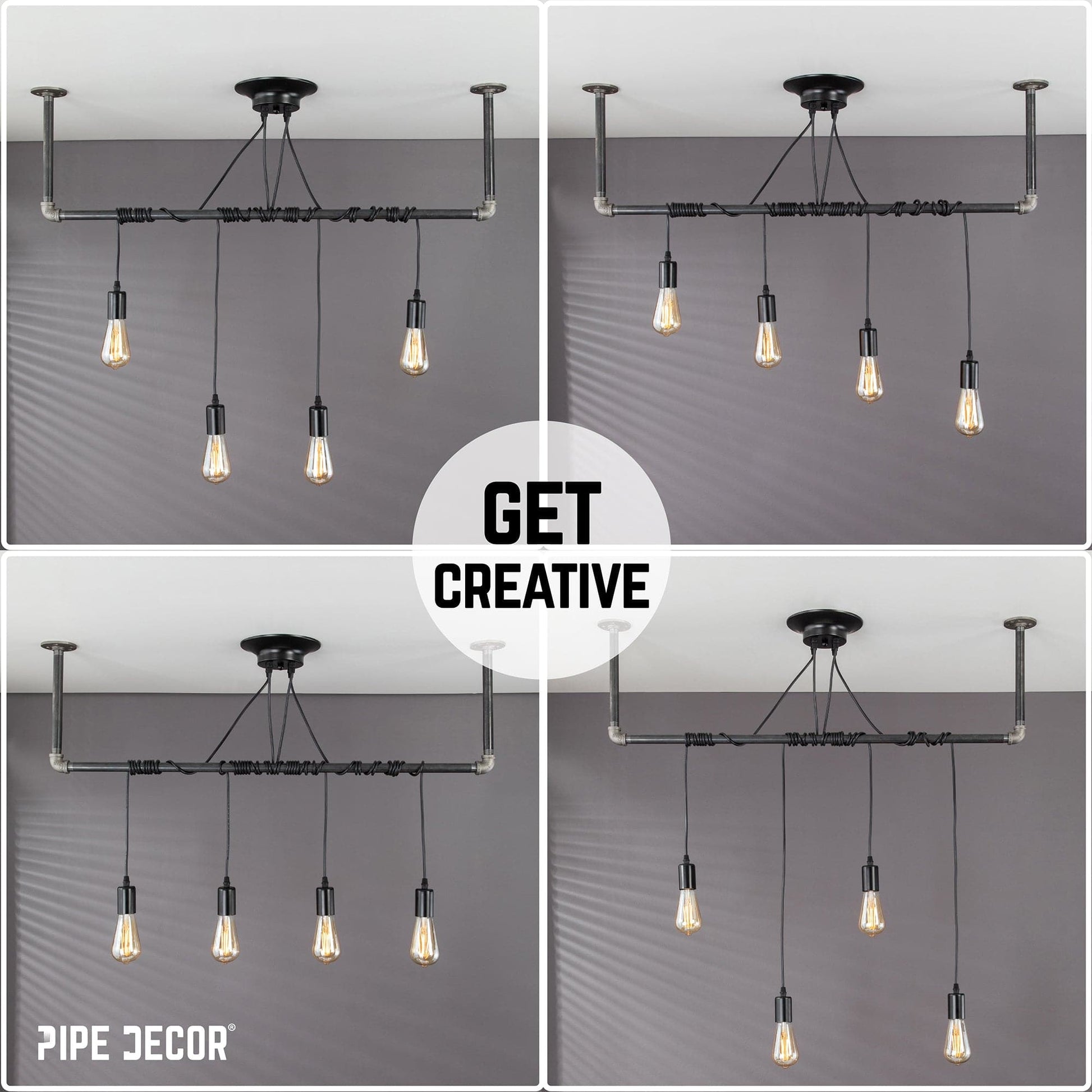 Black Spider Pendant Light Kit with Pipe Bar Hanging Accessory and 4 Adjustable Arms