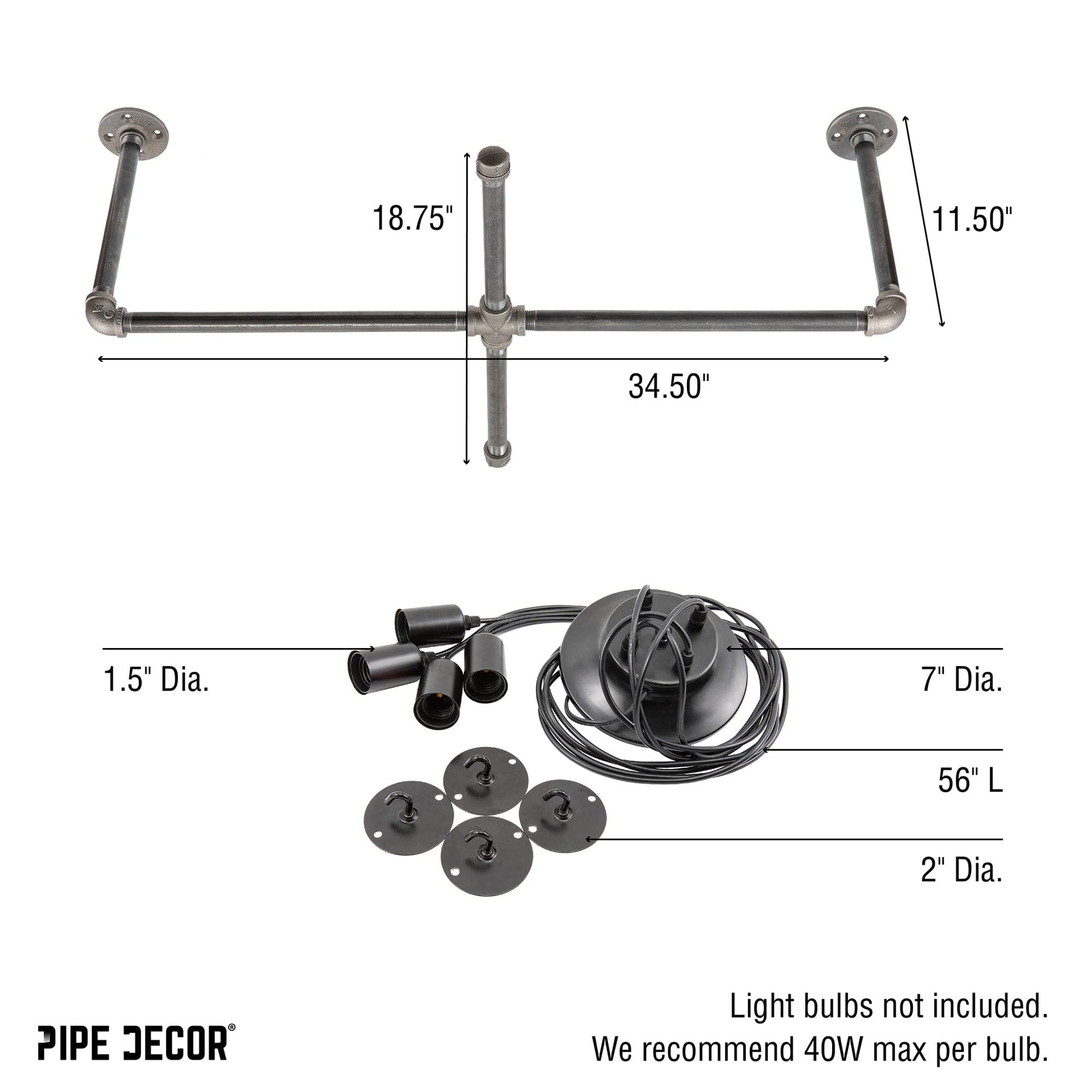 Black Spider Pendant Light Kit with Pipe Cross Hanging Accessory and 4 Adjustable Arms