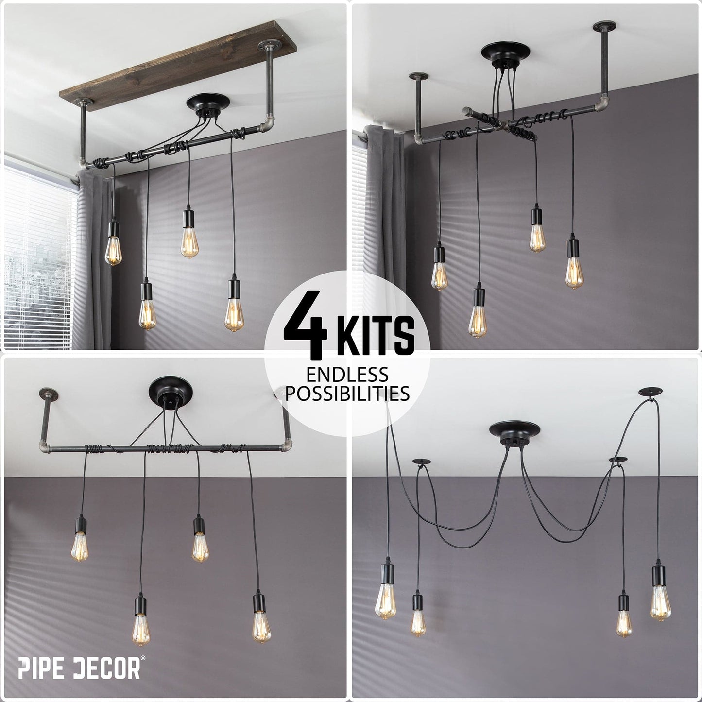 Black Spider Pendant Light Kit with Pipe Cross Hanging Accessory and 4 Adjustable Arms