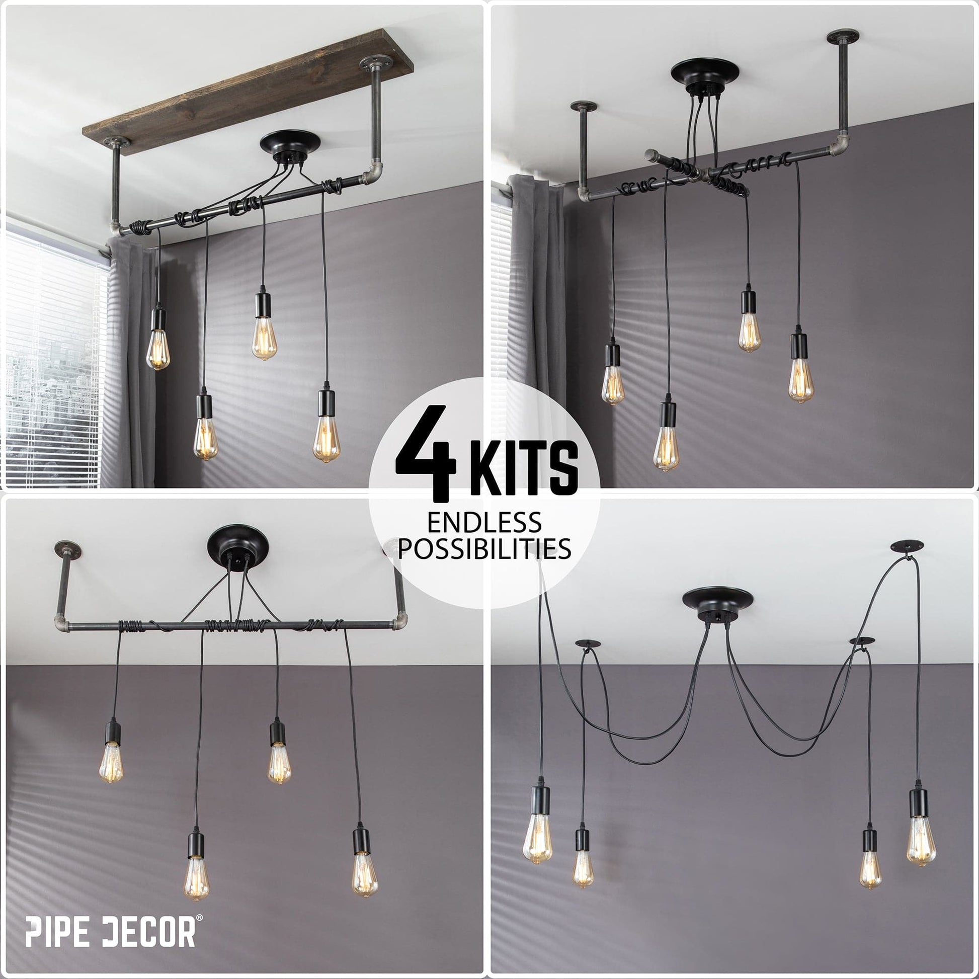 Black Spider Pendant Light Kit with Pipe Cross Hanging Accessory and 4 Adjustable Arms