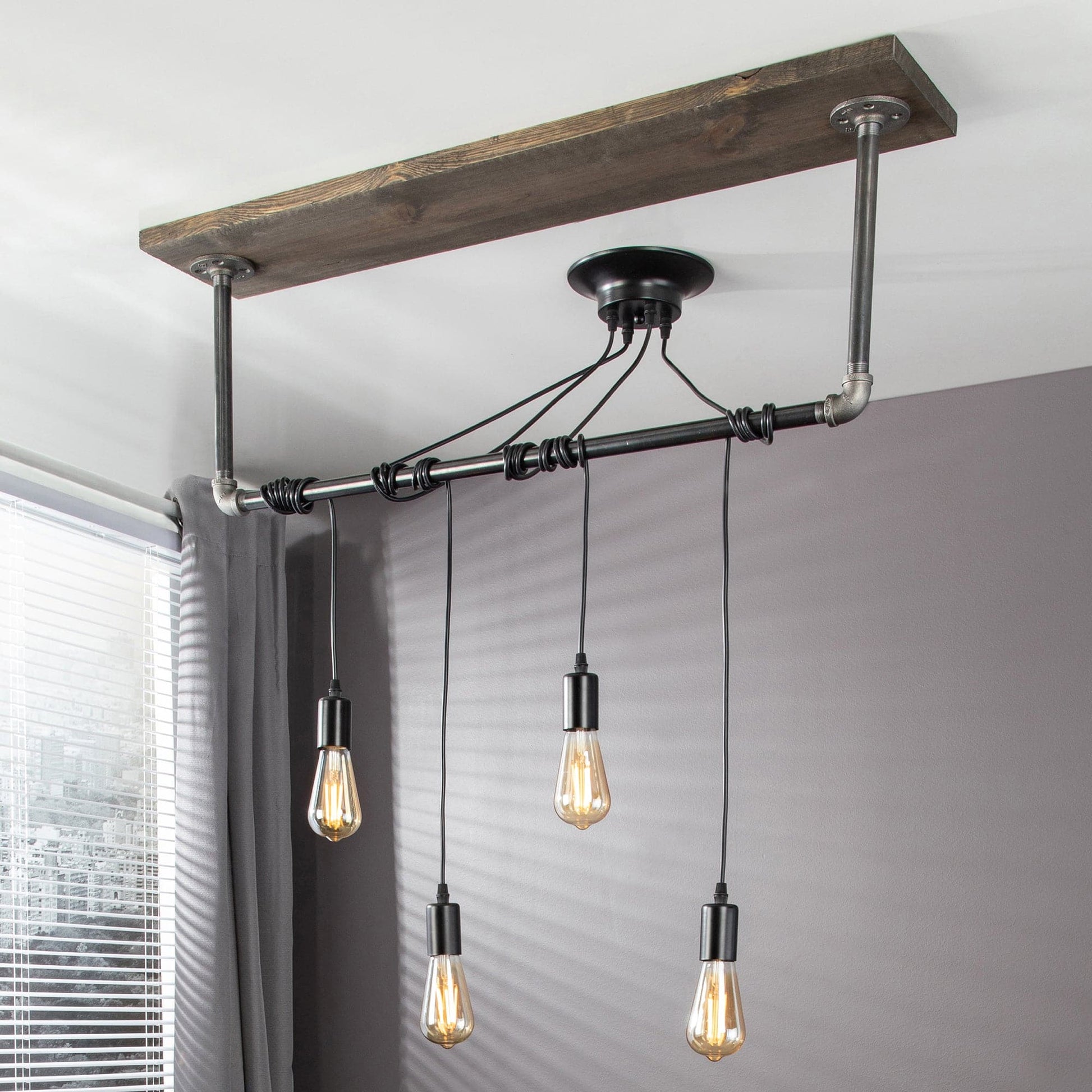 Black Spider Pendant Light Kit with Wood and Pipe Bar Hanging Accessory and 4 Adjustable Arms