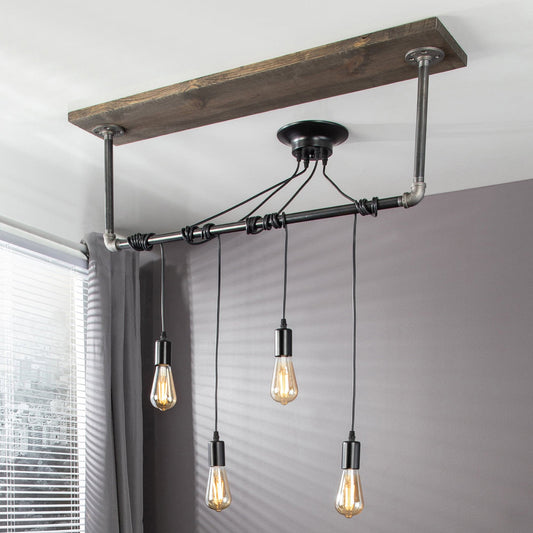 Black Spider Pendant Light Kit with Wood and Pipe Bar Hanging Accessory and 4 Adjustable Arms