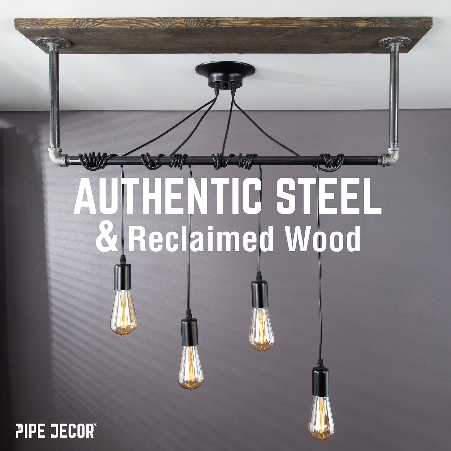 Black Spider Pendant Light Kit with Wood and Pipe Bar Hanging Accessory and 4 Adjustable Arms