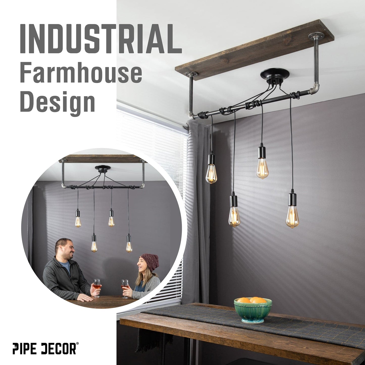 Black Spider Pendant Light Kit with Wood and Pipe Bar Hanging Accessory and 4 Adjustable Arms