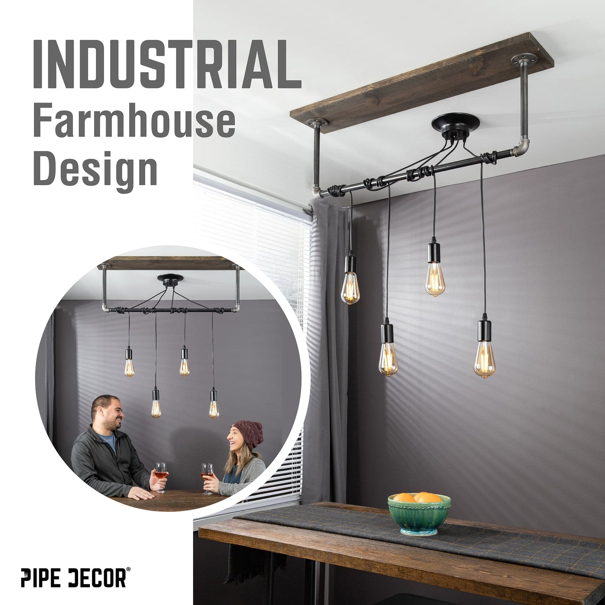 Black Spider Pendant Light Kit with Wood and Pipe Bar Hanging Accessory and 4 Adjustable Arms