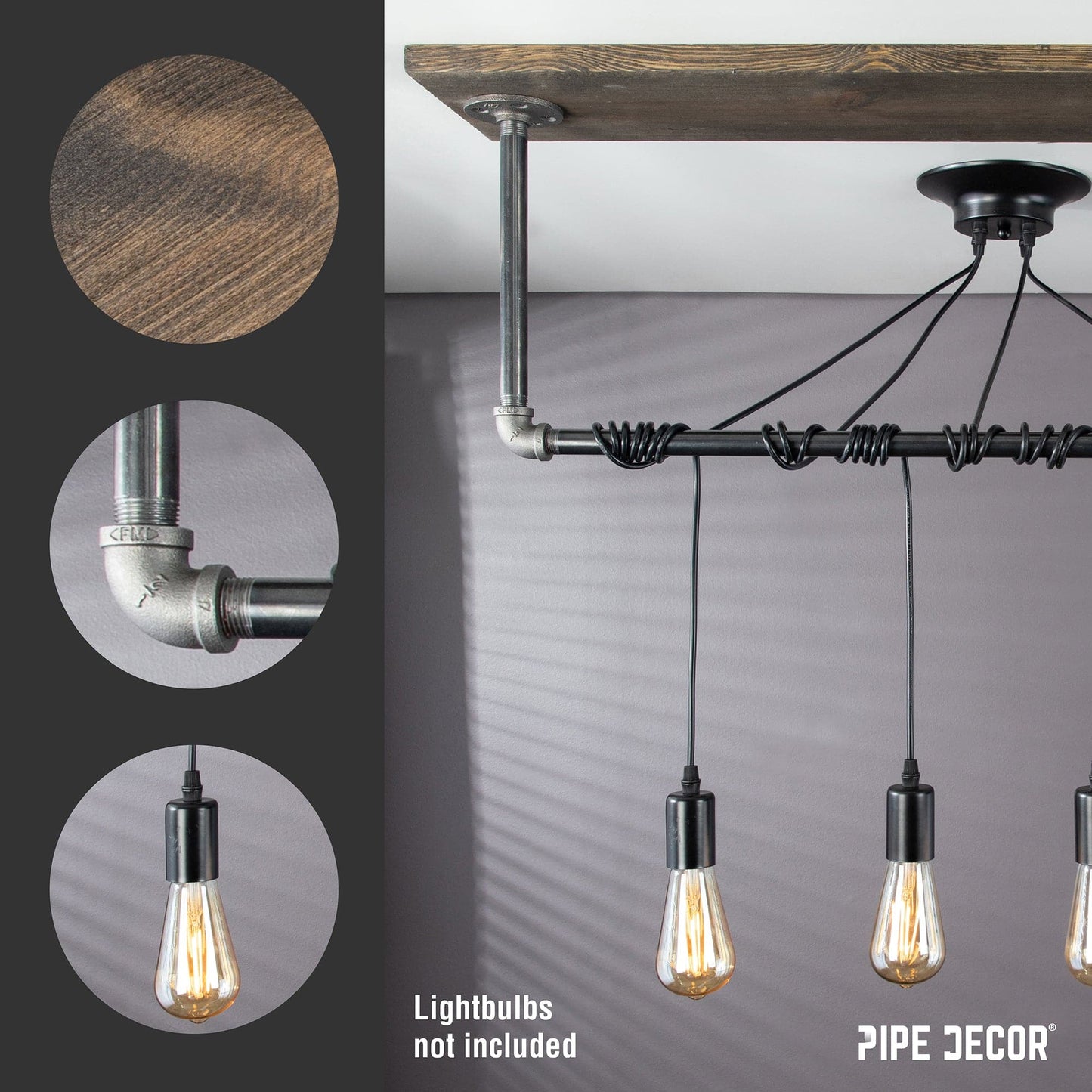 Black Spider Pendant Light Kit with Wood and Pipe Bar Hanging Accessory and 4 Adjustable Arms
