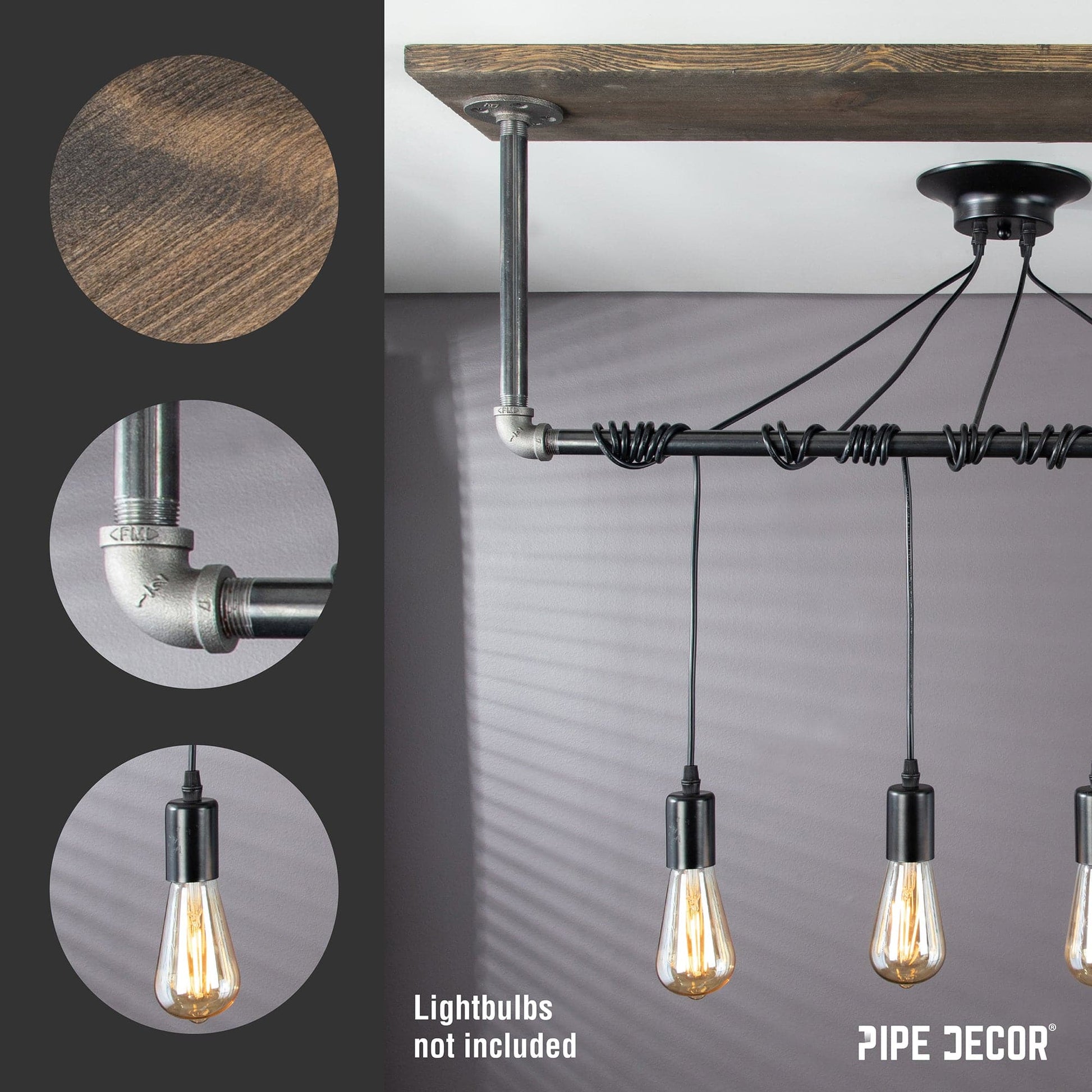 Black Spider Pendant Light Kit with Wood and Pipe Bar Hanging Accessory and 4 Adjustable Arms