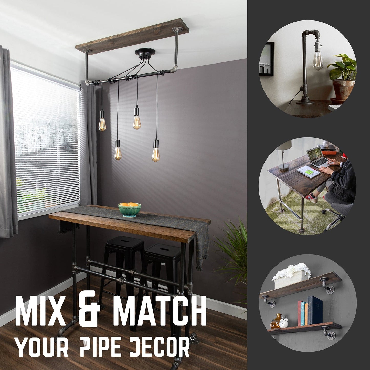 Black Spider Pendant Light Kit with Wood and Pipe Bar Hanging Accessory and 4 Adjustable Arms