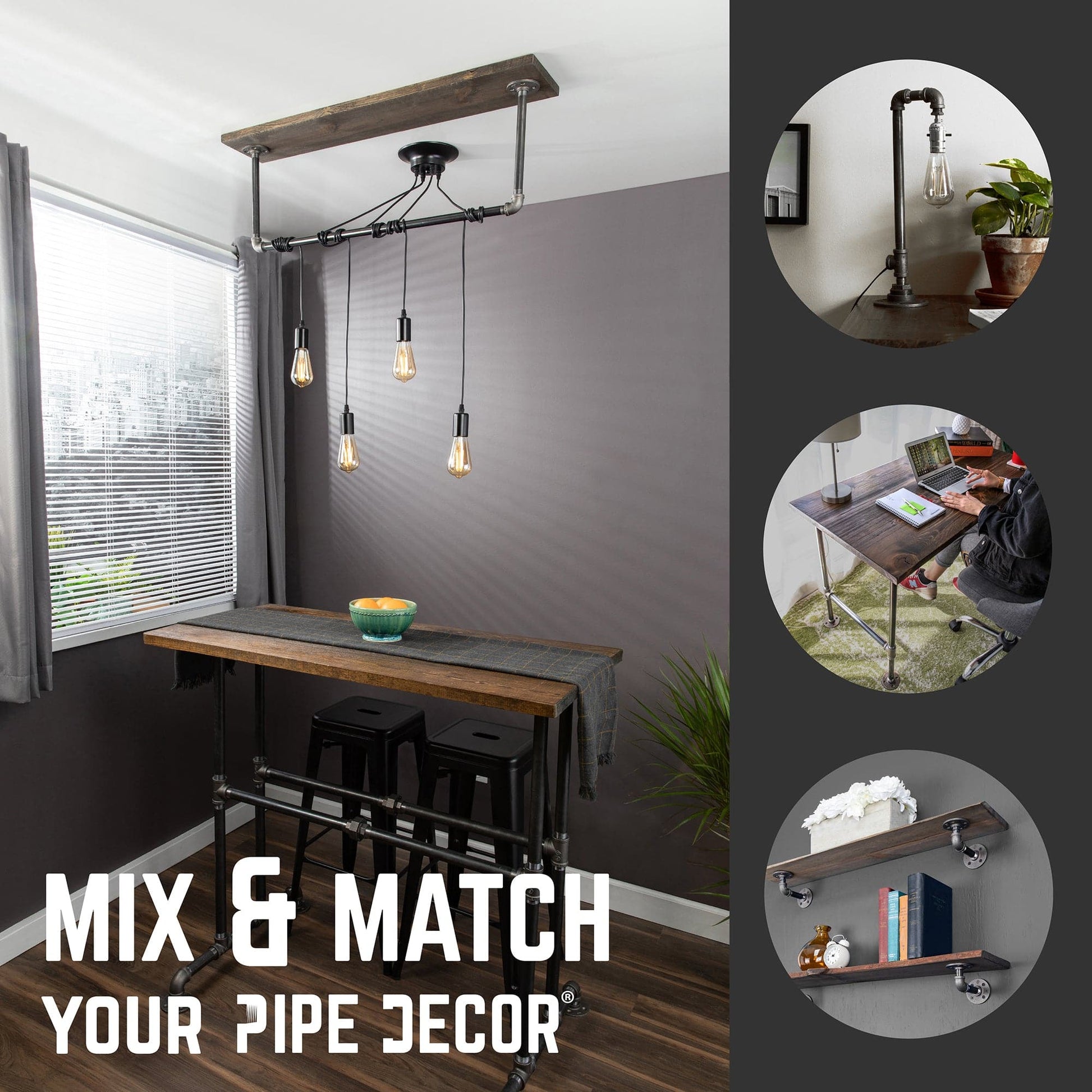Black Spider Pendant Light Kit with Wood and Pipe Bar Hanging Accessory and 4 Adjustable Arms