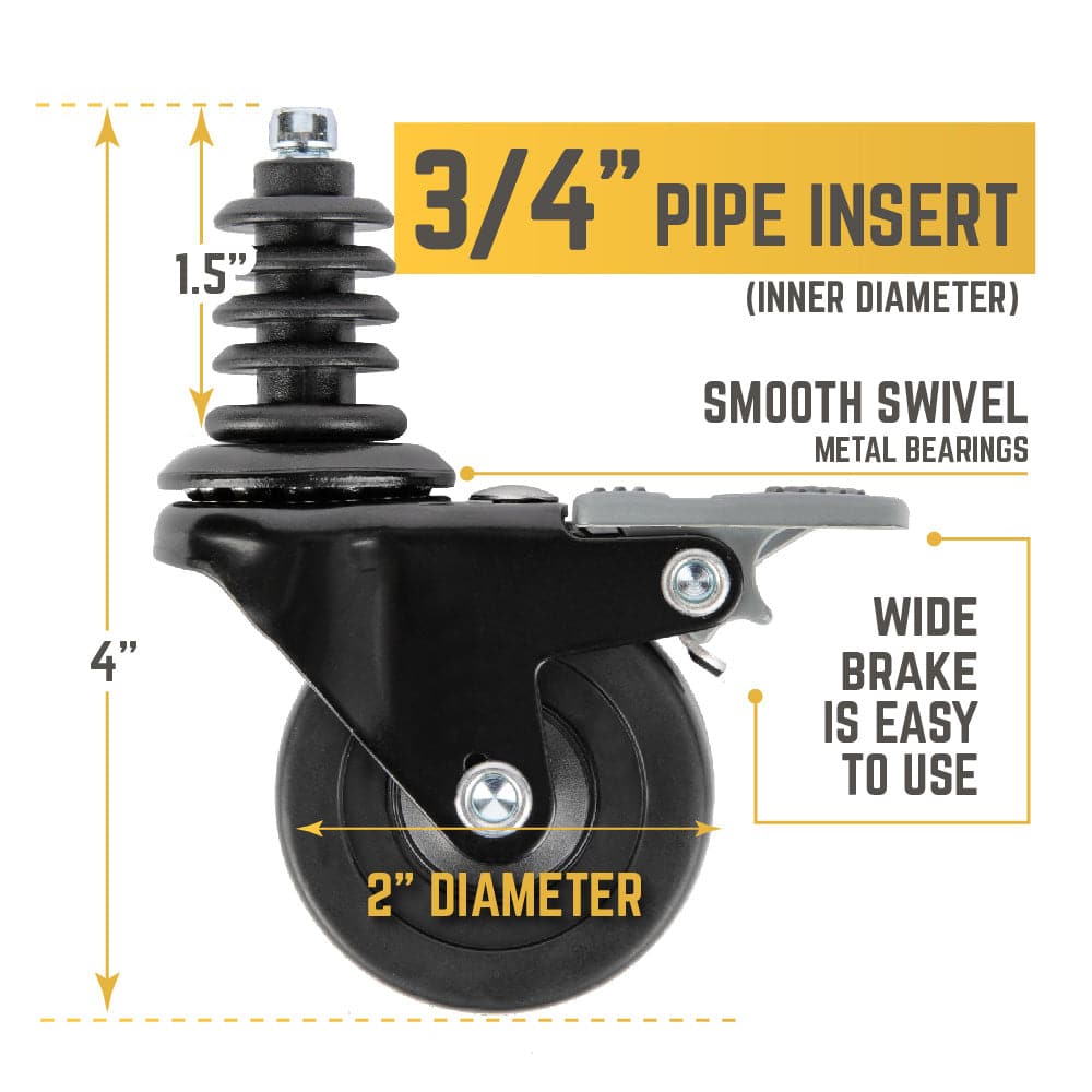 Swivel Caster Wheels for ¾" Pipe (4-Pack)