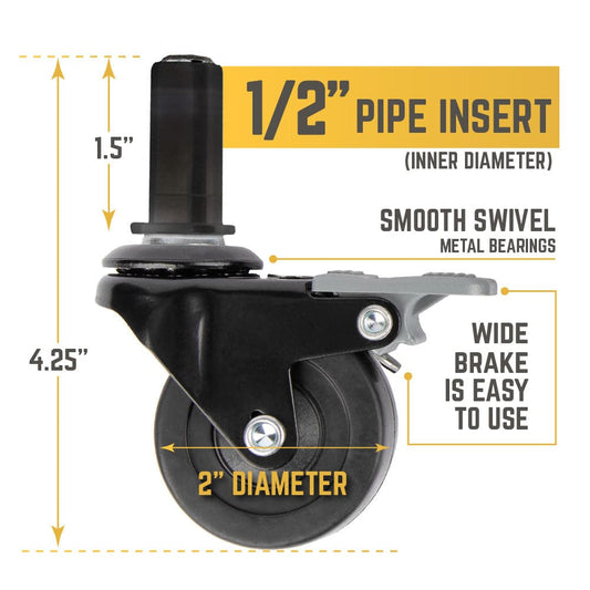 Swivel Caster Wheels for ½" Pipe (4-Pack)