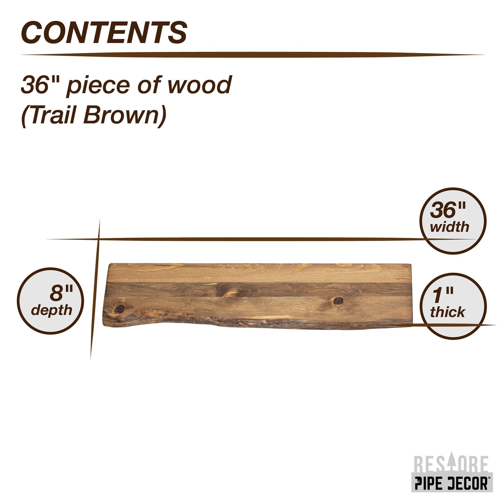 RESTORE Trail Brown 36 in. Live Edge Wood Shelf (Wood Only)
