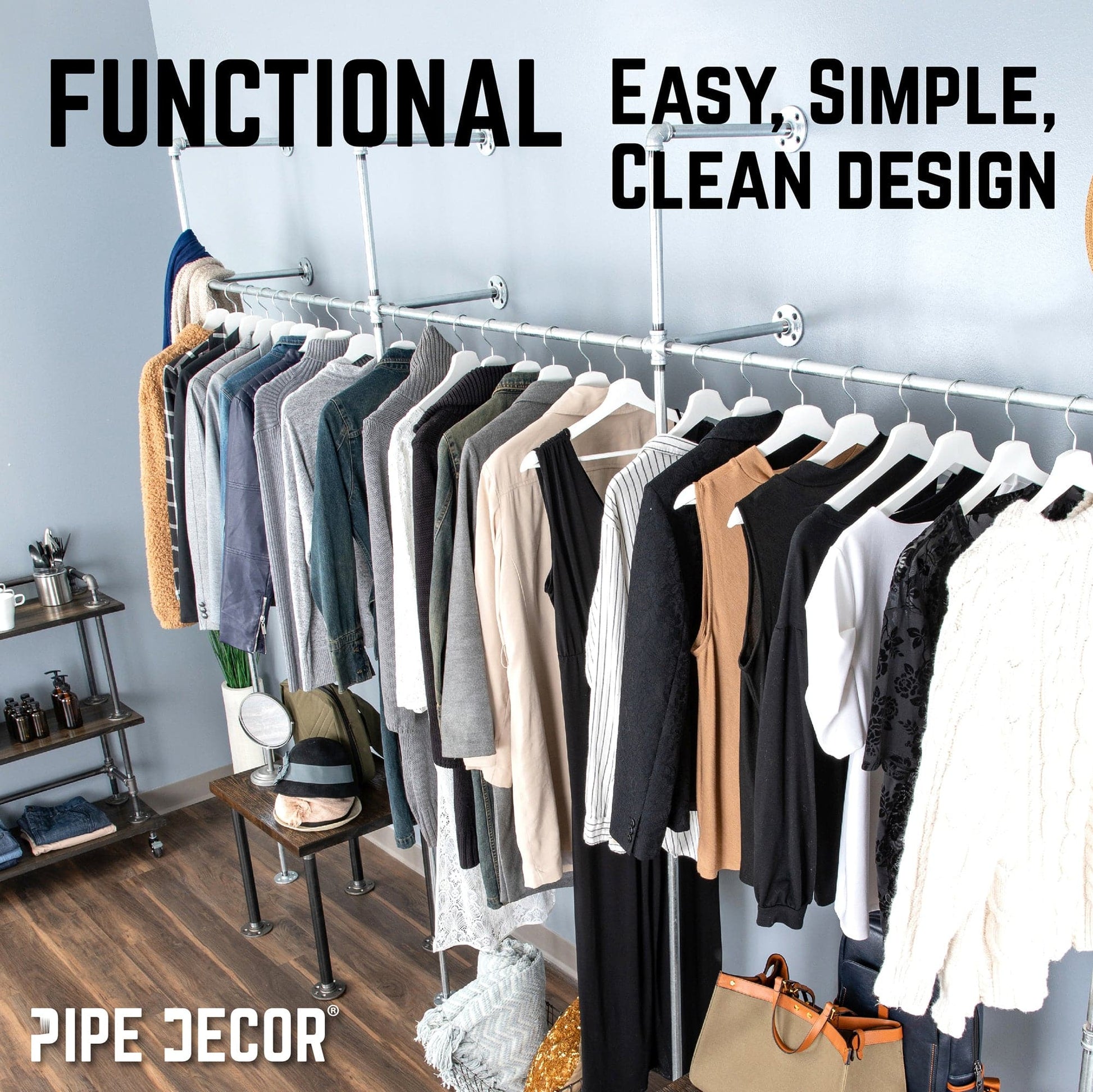 115 in. Galvanized Wall Mounted Clothing Rack, Triple