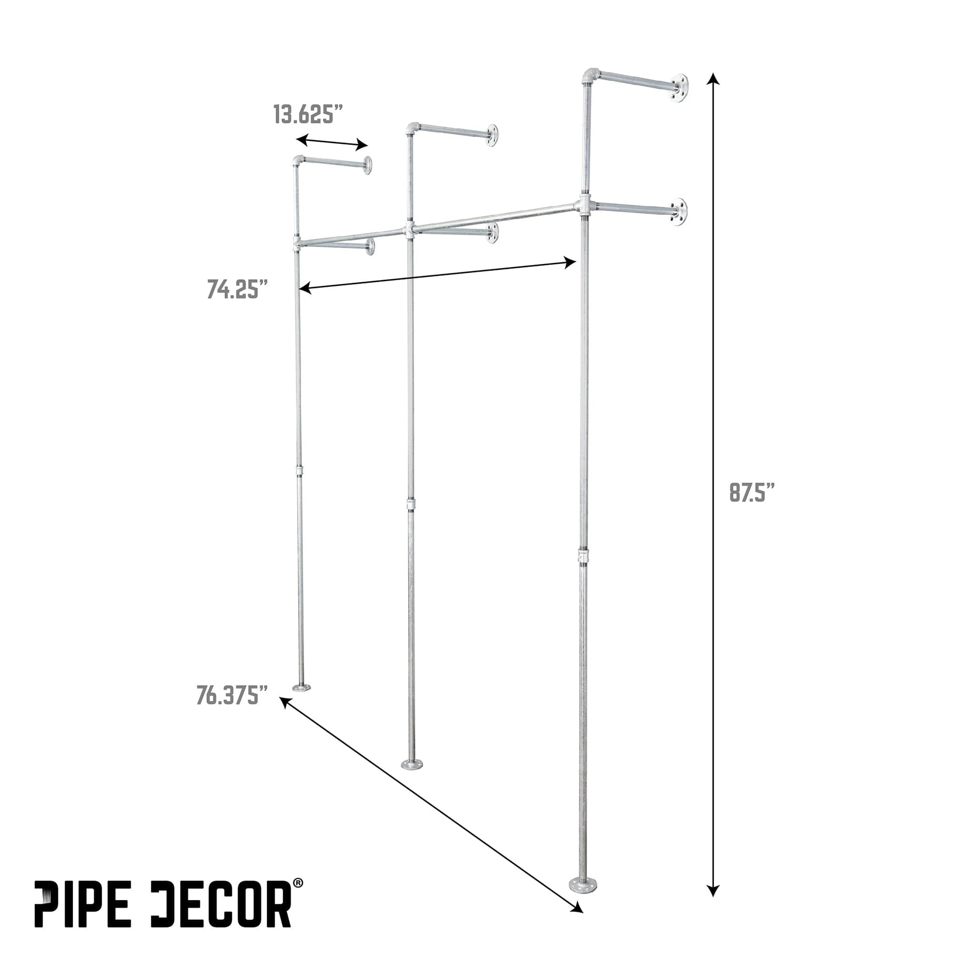 76.375 in. Galvanized Wall Mounted Clothing Rack, Double