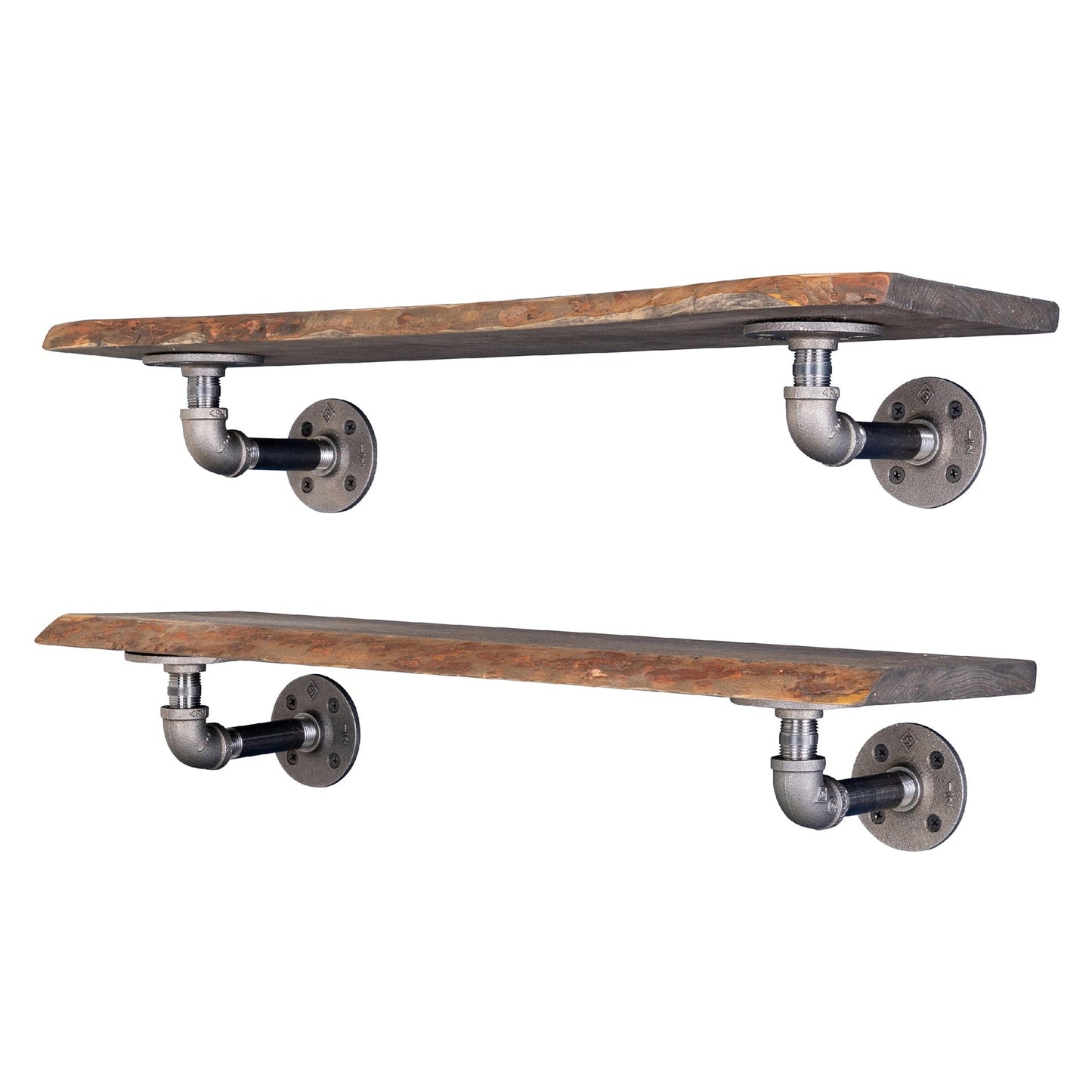 24” Boulder Black Live Edge Wood Shelf with L-Shaped Pipe Brackets (2-Pack)