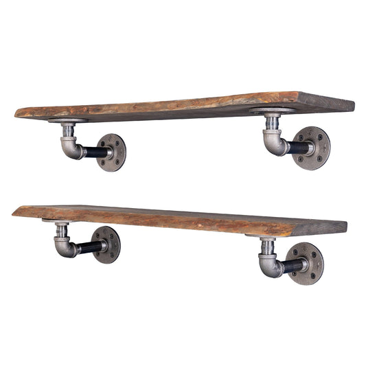 24” Boulder Black Live Edge Wood Shelf with L-Shaped Pipe Brackets (2-Pack)