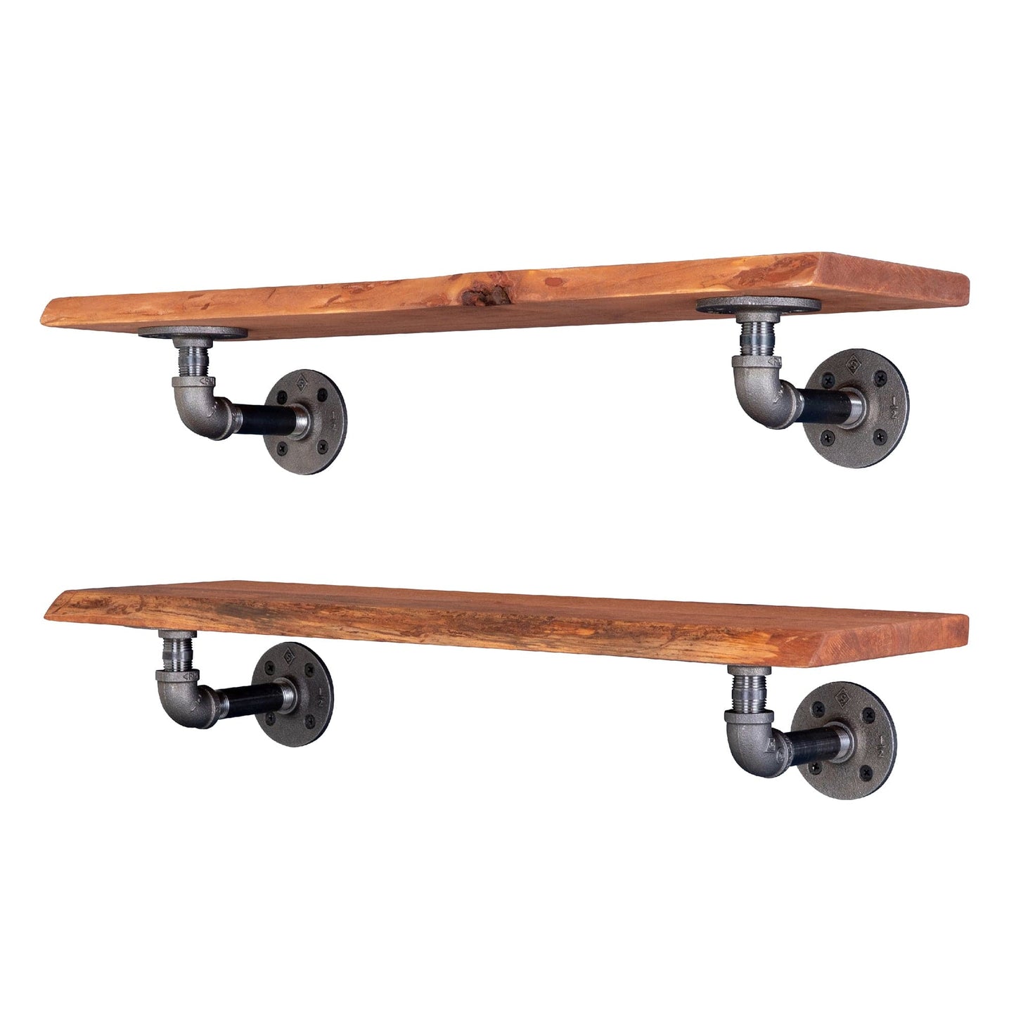 24” Sunset Cedar Live Edge Wood Shelf with L-Shaped Pipe Brackets (2-Pack)