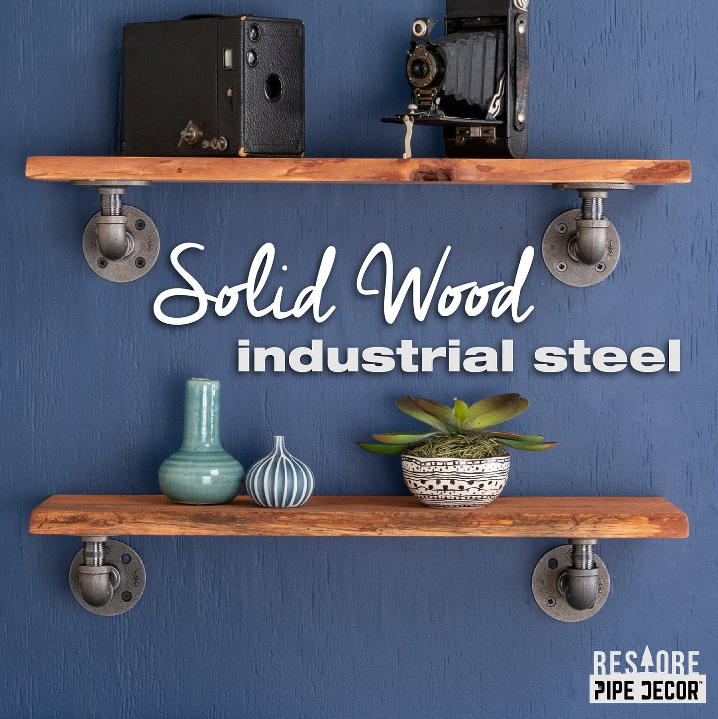 24” Sunset Cedar Live Edge Wood Shelf with L-Shaped Pipe Brackets (2-Pack)