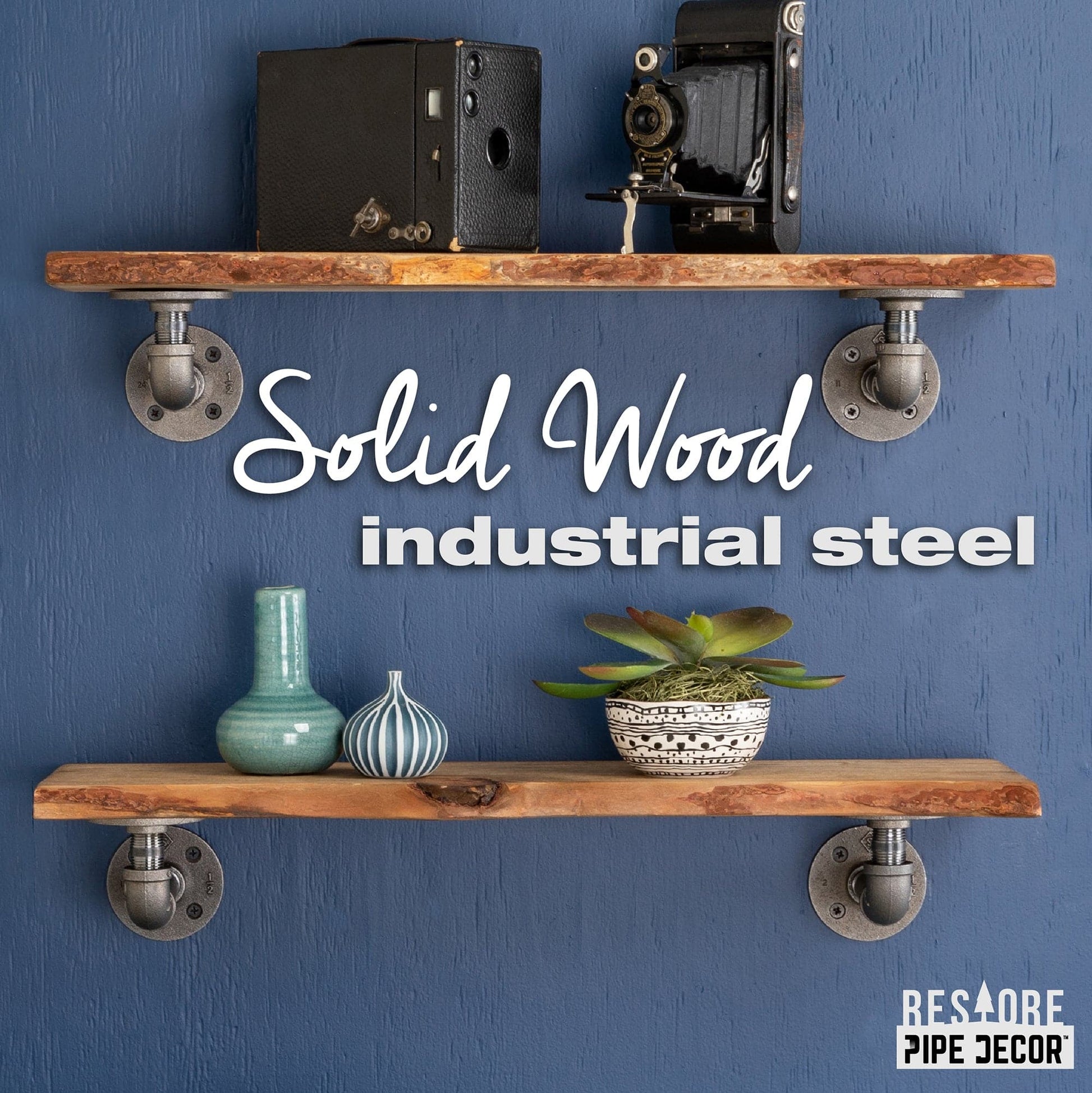 24” Trail Brown Live Edge Wood Shelf with L-Shaped Pipe Brackets (2-Pack)