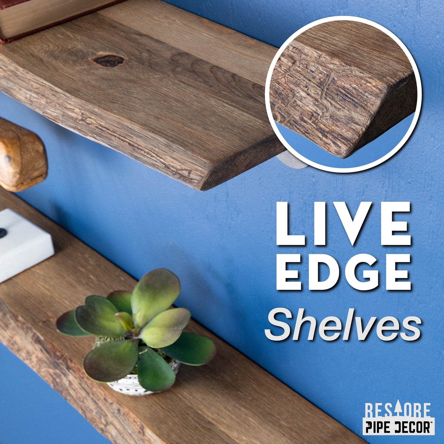 24” Trail Brown Live Edge Wood Shelf with L-Shaped Pipe Brackets (2-Pack)