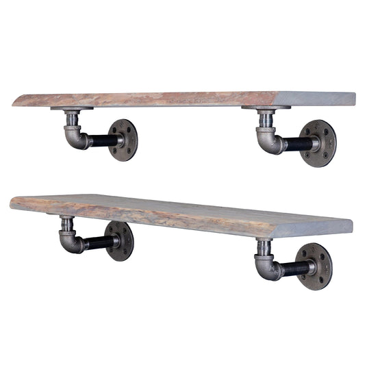 24” Riverstone Grey Live Edge Wood Shelf with L-Shaped Pipe Brackets (2-Pack)