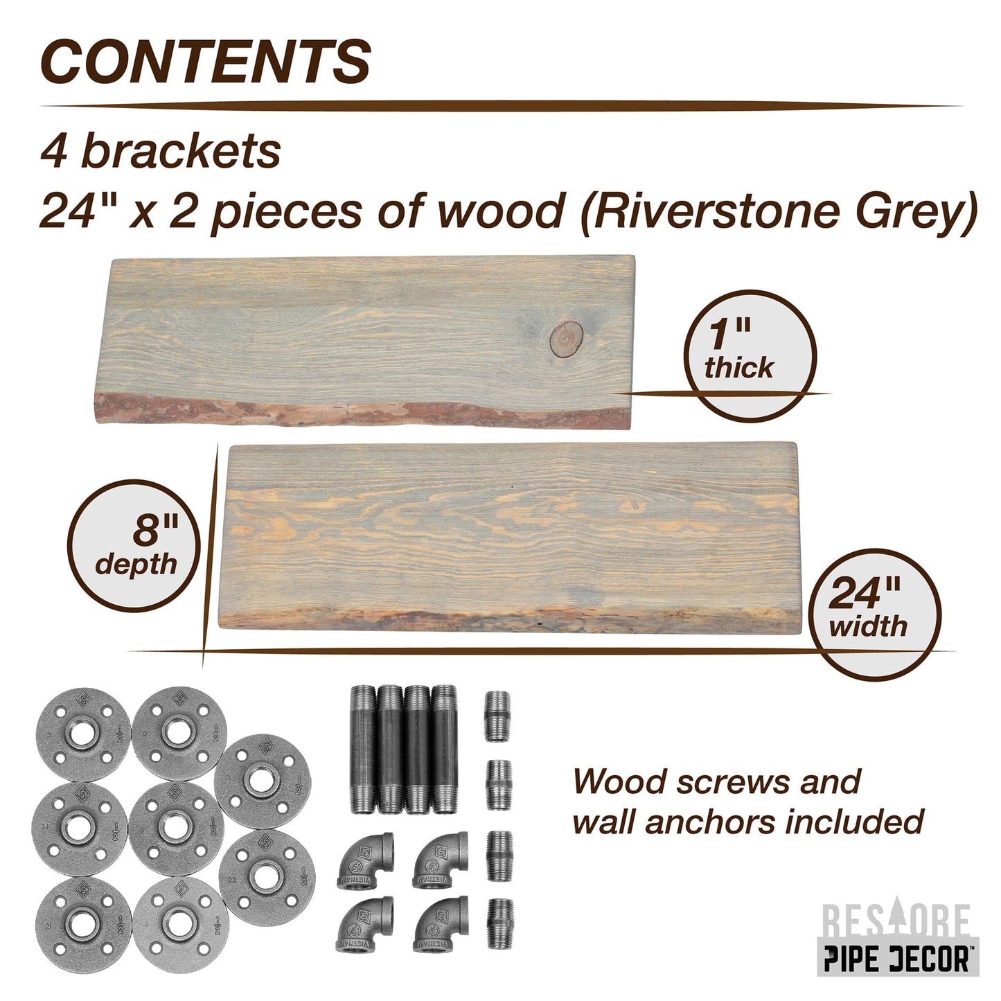24” Riverstone Grey Live Edge Wood Shelf with L-Shaped Pipe Brackets (2-Pack)