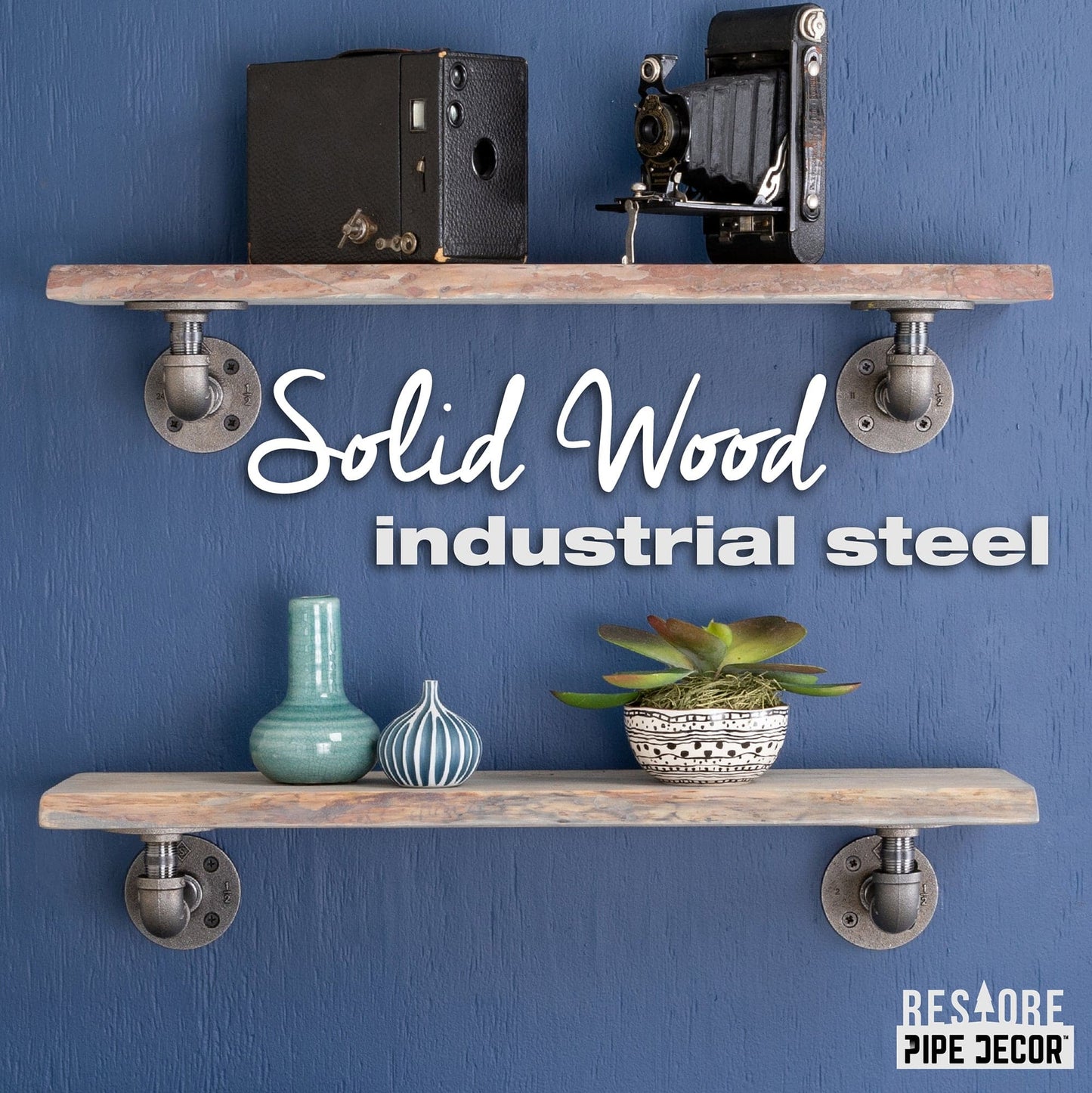 24” Riverstone Grey Live Edge Wood Shelf with L-Shaped Pipe Brackets (2-Pack)