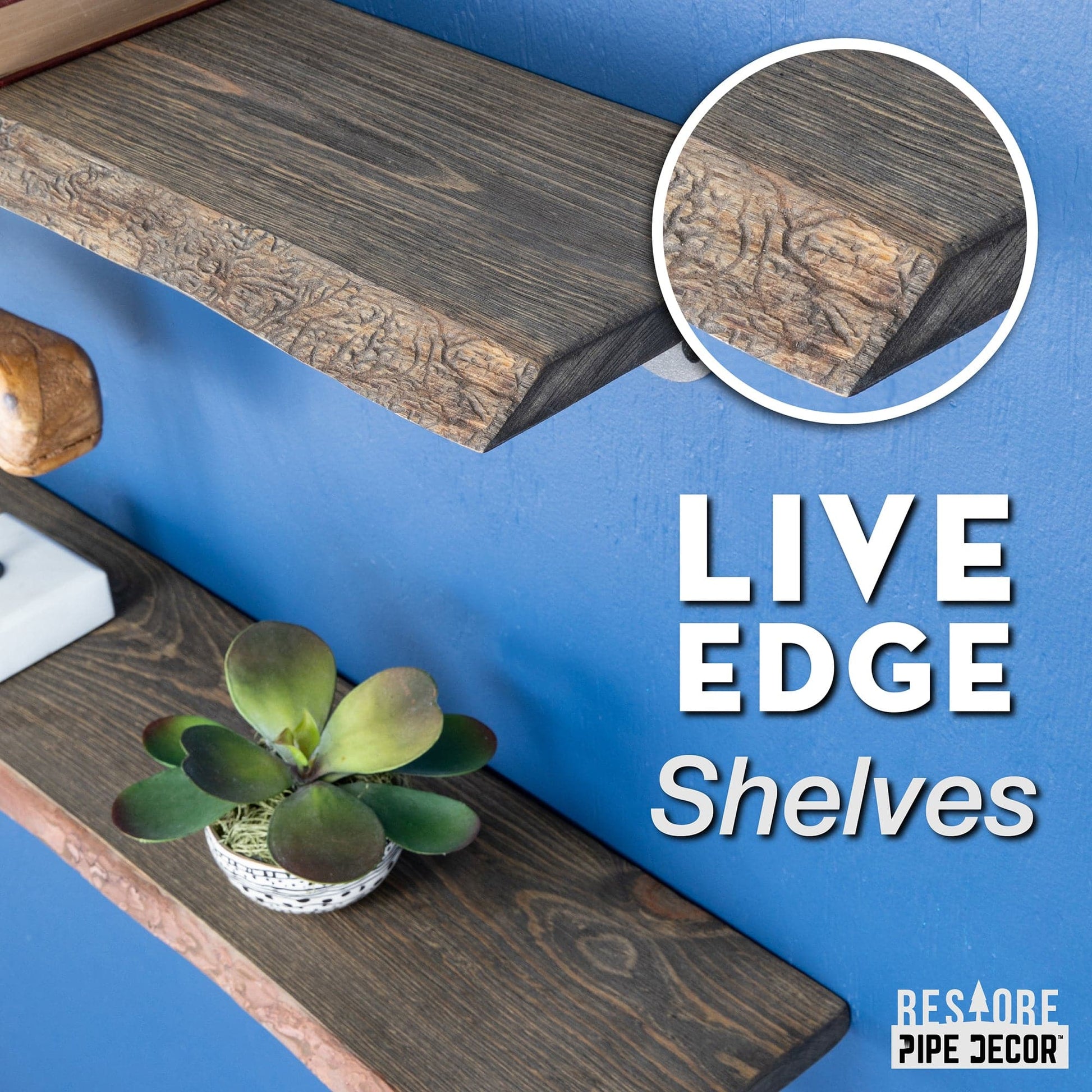 36” Boulder Black Live Edge Wood Shelf with L-Shaped Pipe Brackets (2-Pack)