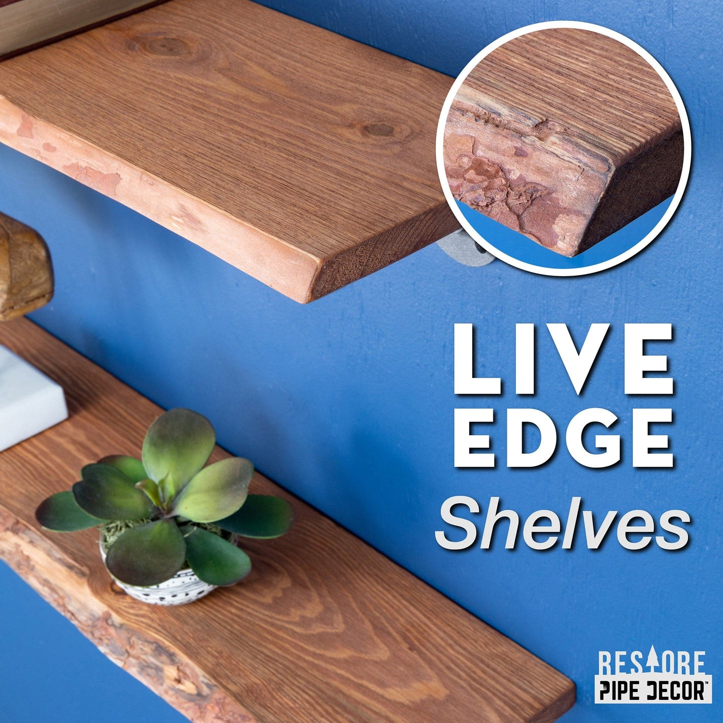 36” Sunset Cedar Live Edge Wood Shelf with L-Shaped Pipe Brackets (2-Pack)