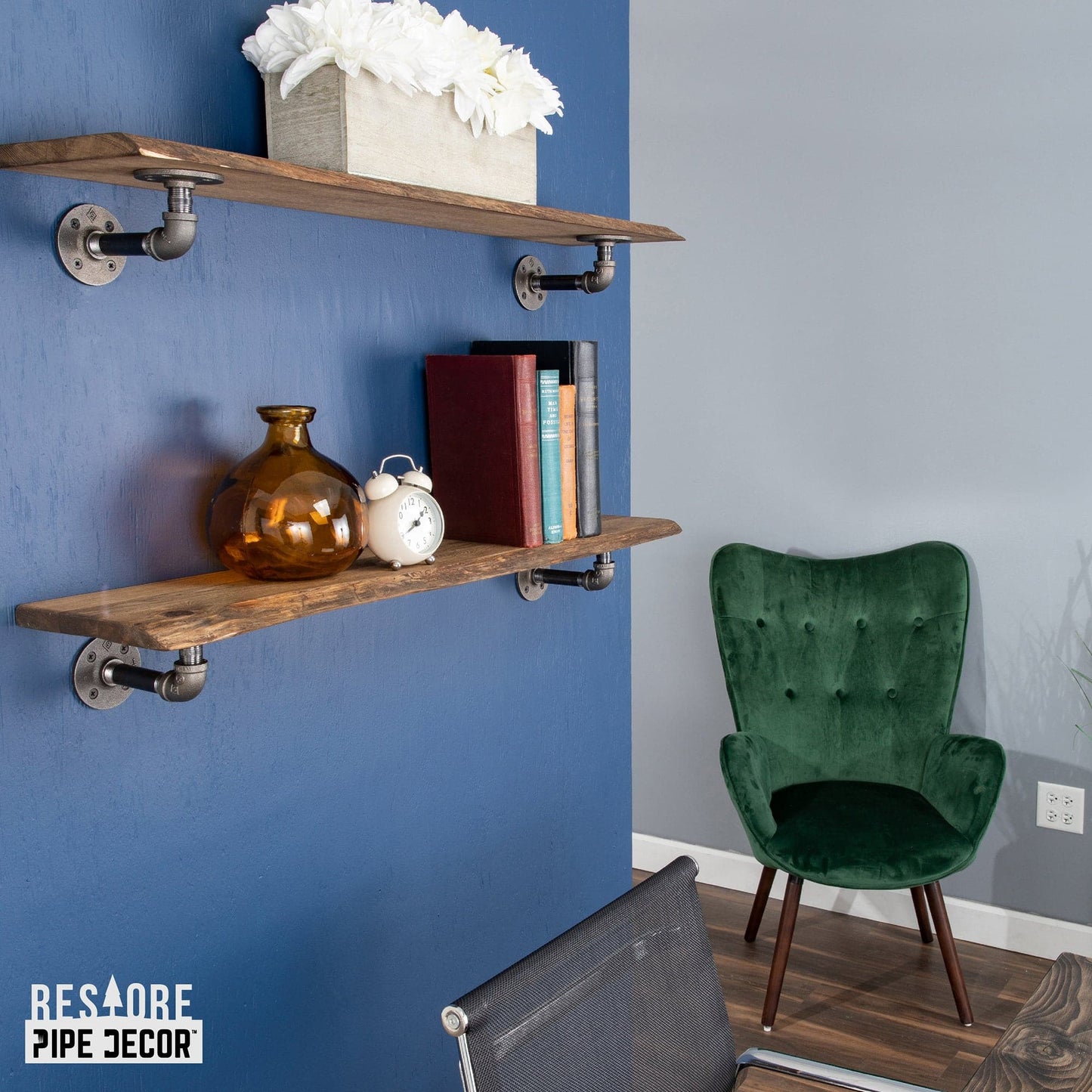 36” Trail Brown Live Edge Wood Shelf with L-Shaped Pipe Brackets (2-Pack)