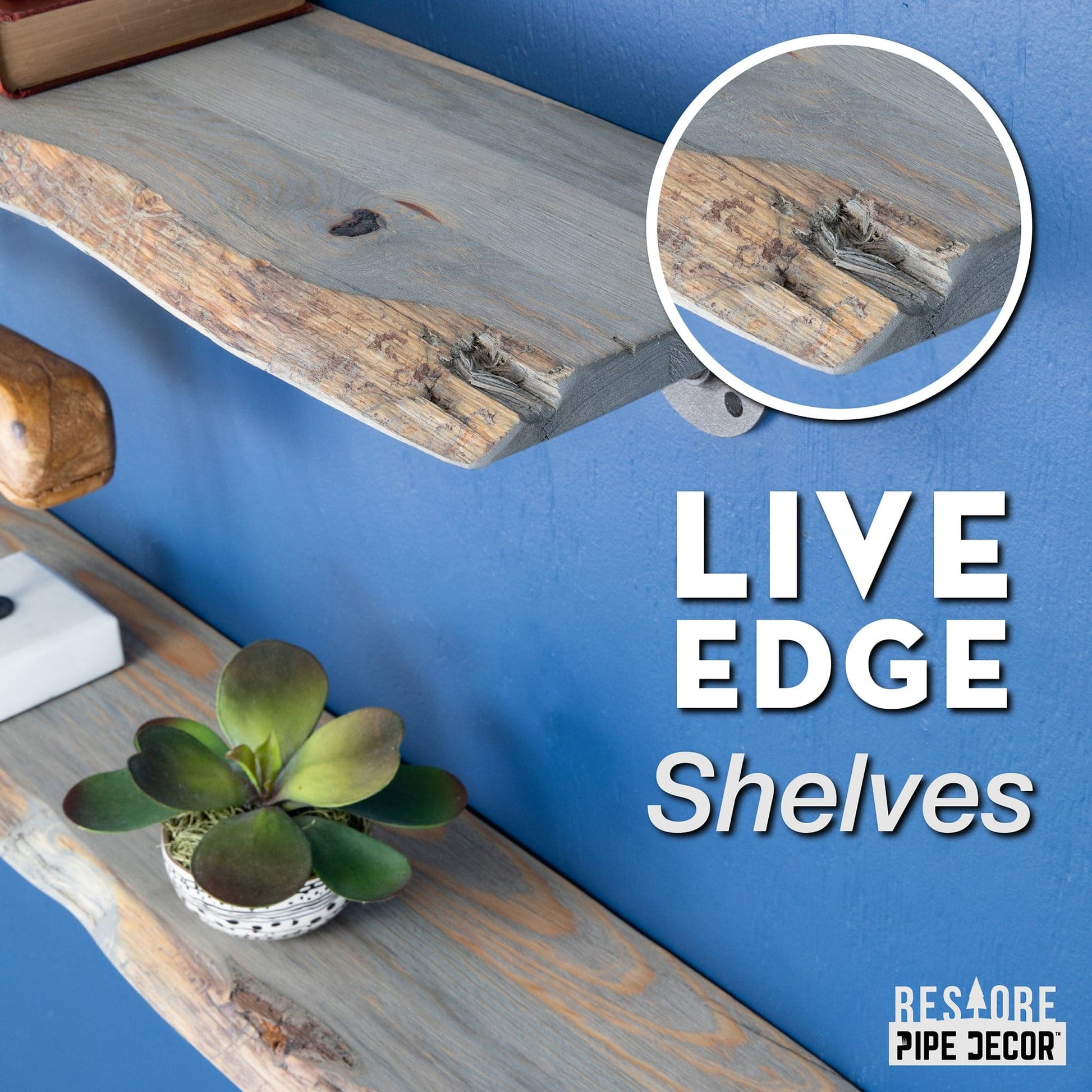 36” Riverstone Grey Live Edge Wood Shelf with L-Shaped Pipe Brackets (2-Pack)