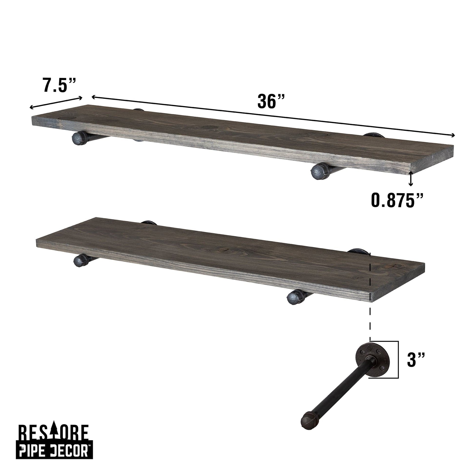 RESTORE Boulder Black 36 in. Shelves with Noir Pre-finished Straight Brackets